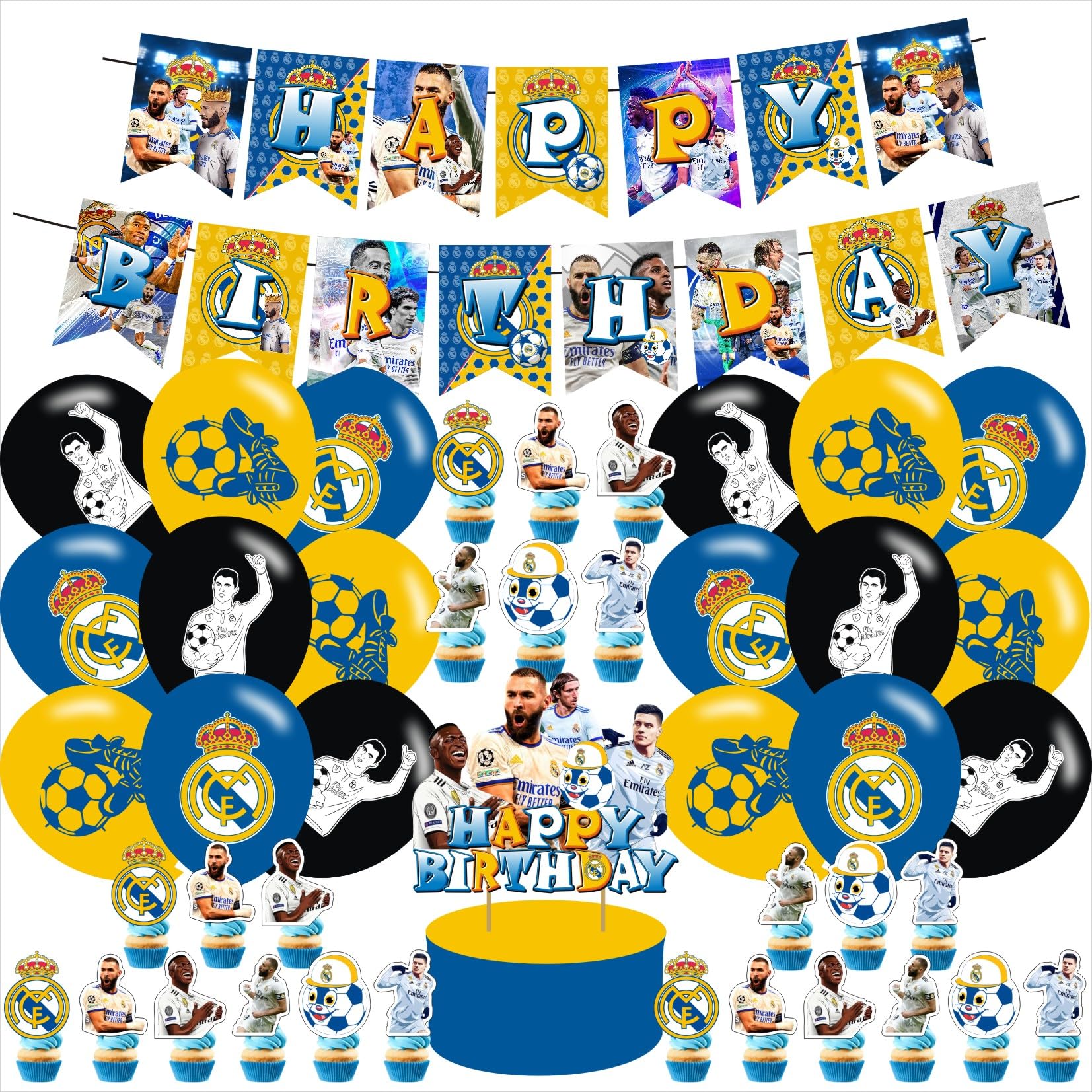 Madrid Football Party Supplies,Birthday Party Decorations for Soocer for Fans with happy birthday banner,cake topper ,balloons for Real Madrid party