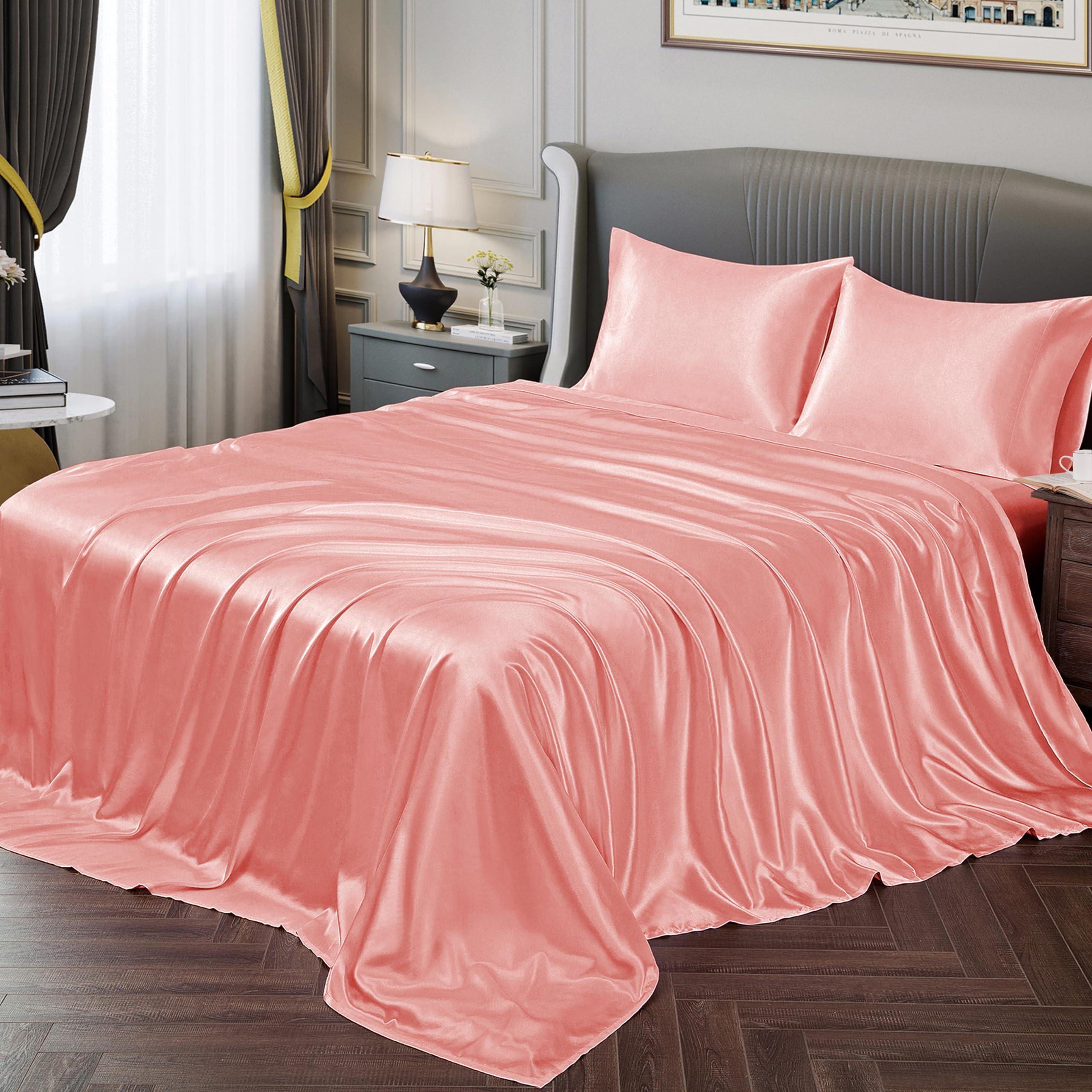 Vonty Queen Size Satin Sheet Set, Blush Pink, 1 Deep Pocket Fitted Sheet + 1 Flat Sheet + 2 Pillowcases โ image 1