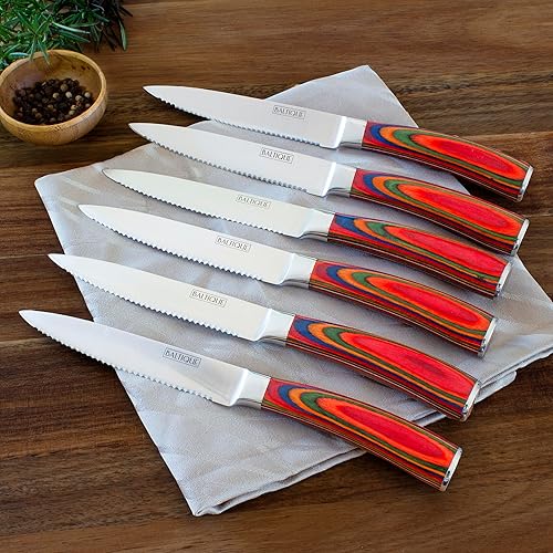 Miniatura 3 de Baltique Marrakesh Collection - Juego de 6 cuchillos de cocina de acero inoxidable de 5 pulgadas con asas de madera coloridas para cortar carne