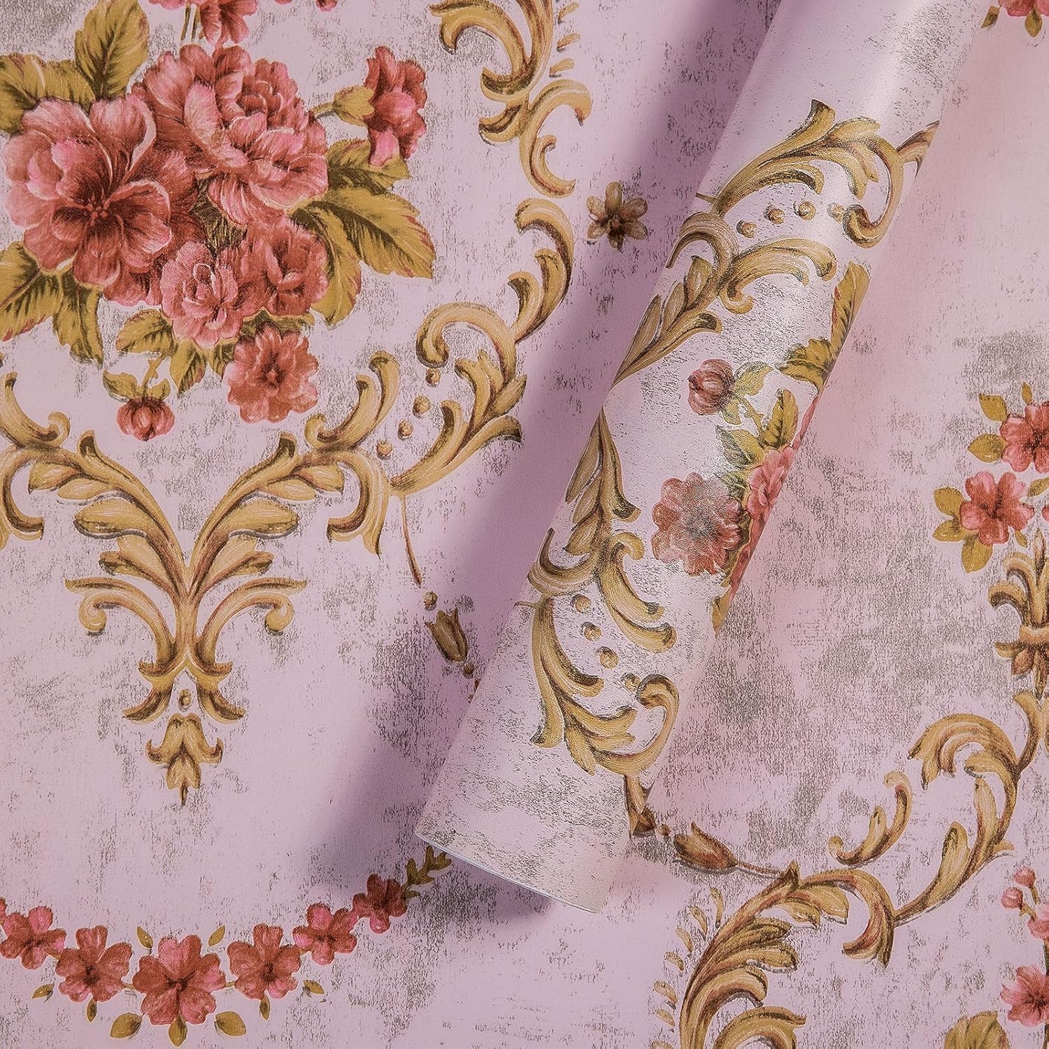 Vintage Pink Damask Peel and Stick Wallpaper Waterproof Removable Vinyl Self Adhesive Wall Paper Shelf Drawer Liner Cabinet Furniture Bedroom Decor 17.7in x 32.8ft