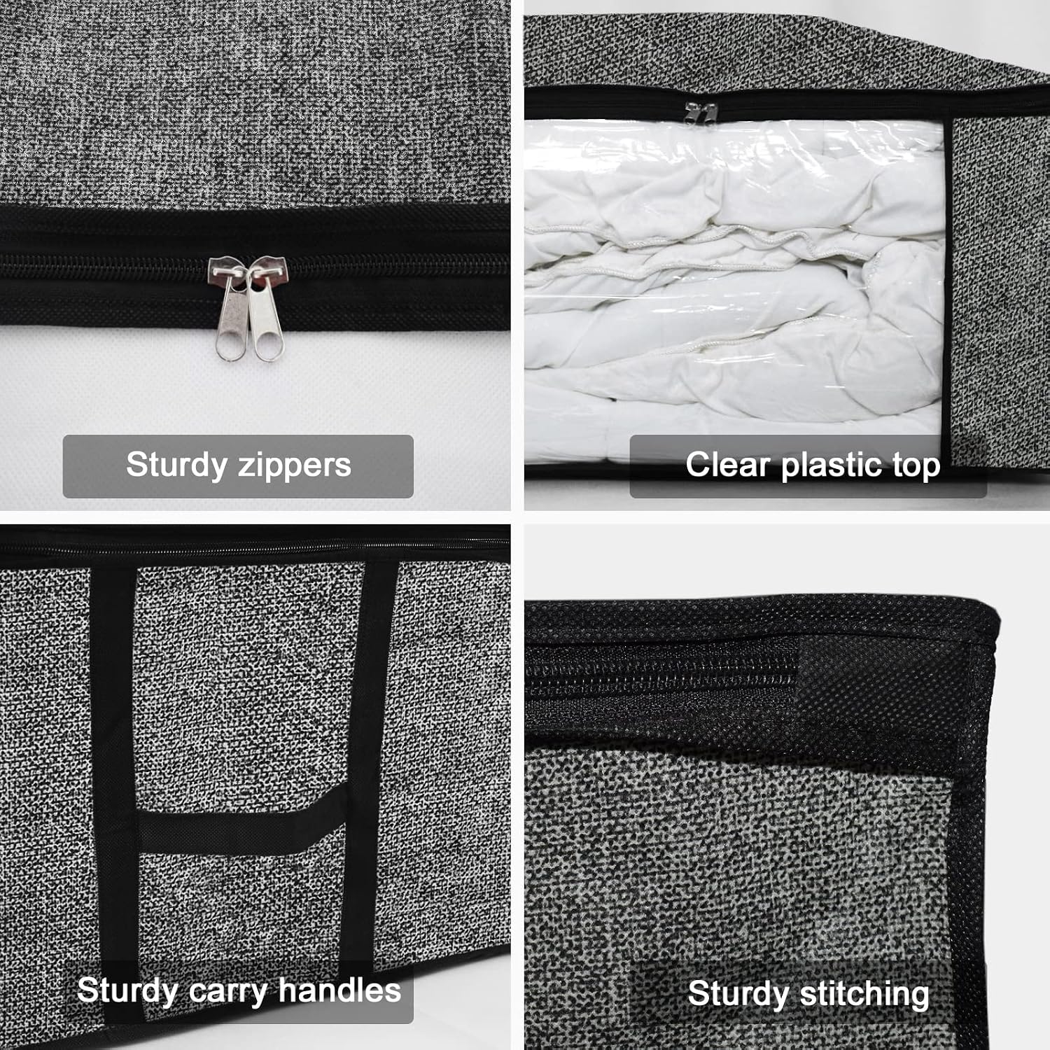 Clothes Storage Bag Large Capacity Organizer with Reinforced Handle Lids and 2 Two-Way Zipper Clear Window for Comforters, Blankets, Bedding(2 Pack Black)