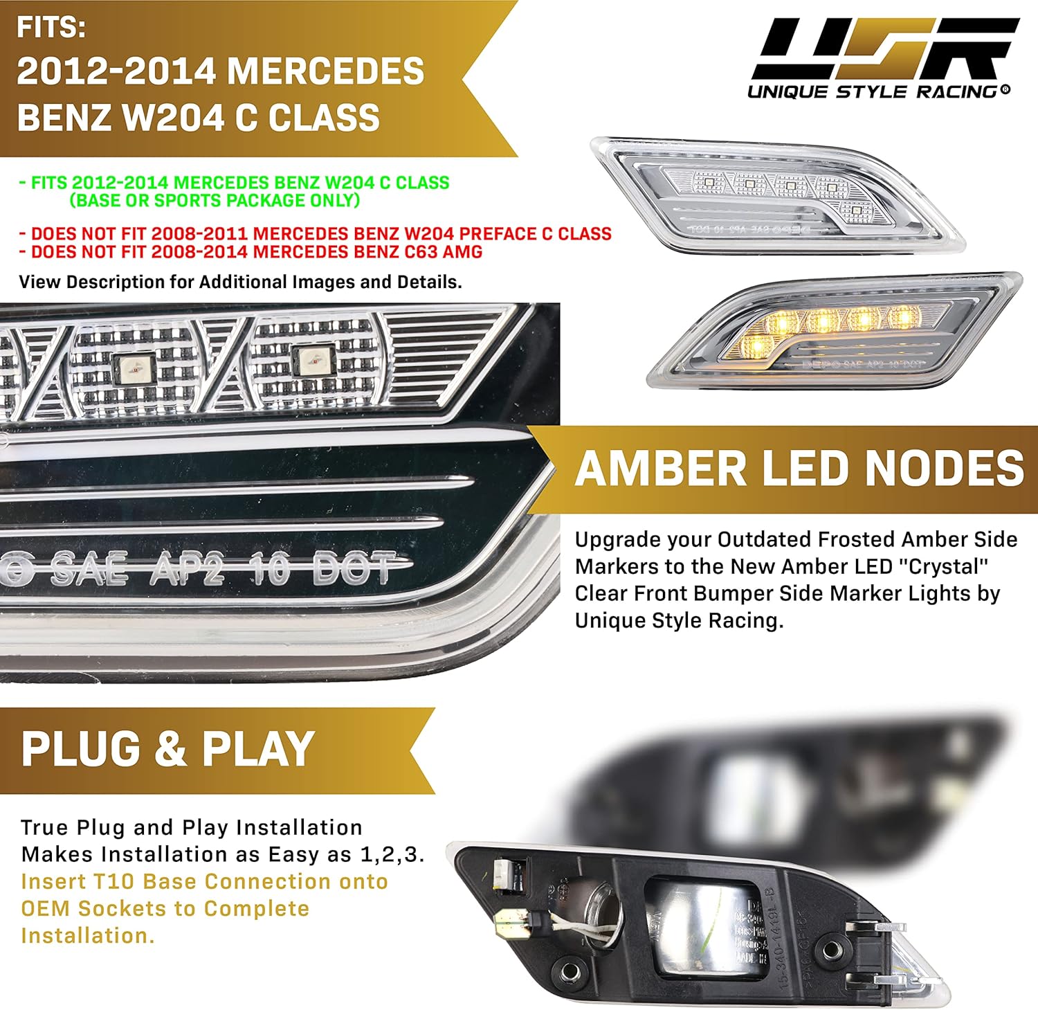 USR DEPO 12-14 W204 Clear Lens AMBER LED Bumper Side Marker Light Assembly Set (Left + Right) Compatible for 2012-2014 Mercedes Benz W204