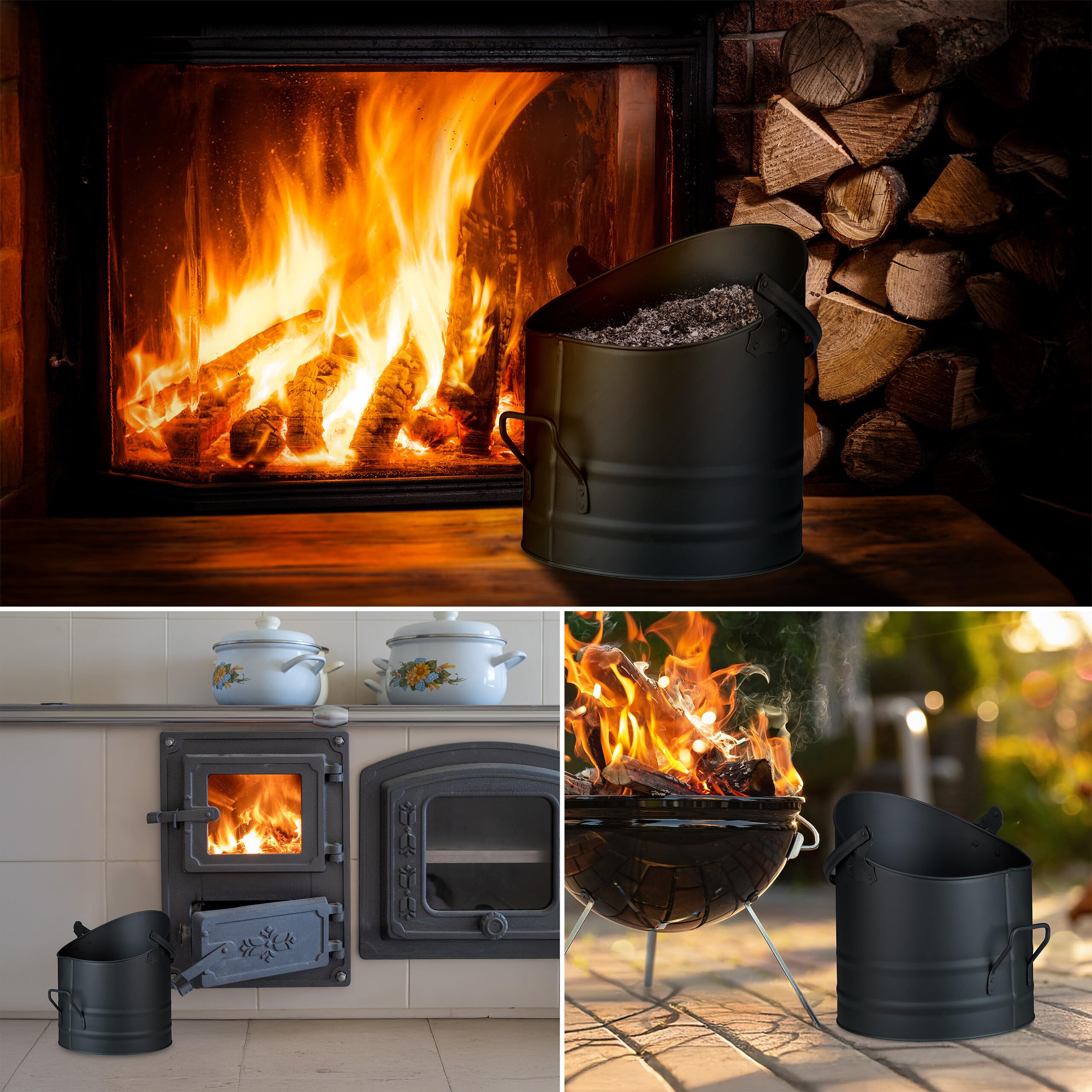 Relaxdays Secchio Raccogli Cenere e Legna da Ardere, Cestello 9,5 L con Scopa e Paletta da Camino, Cestino Ferro, Nero