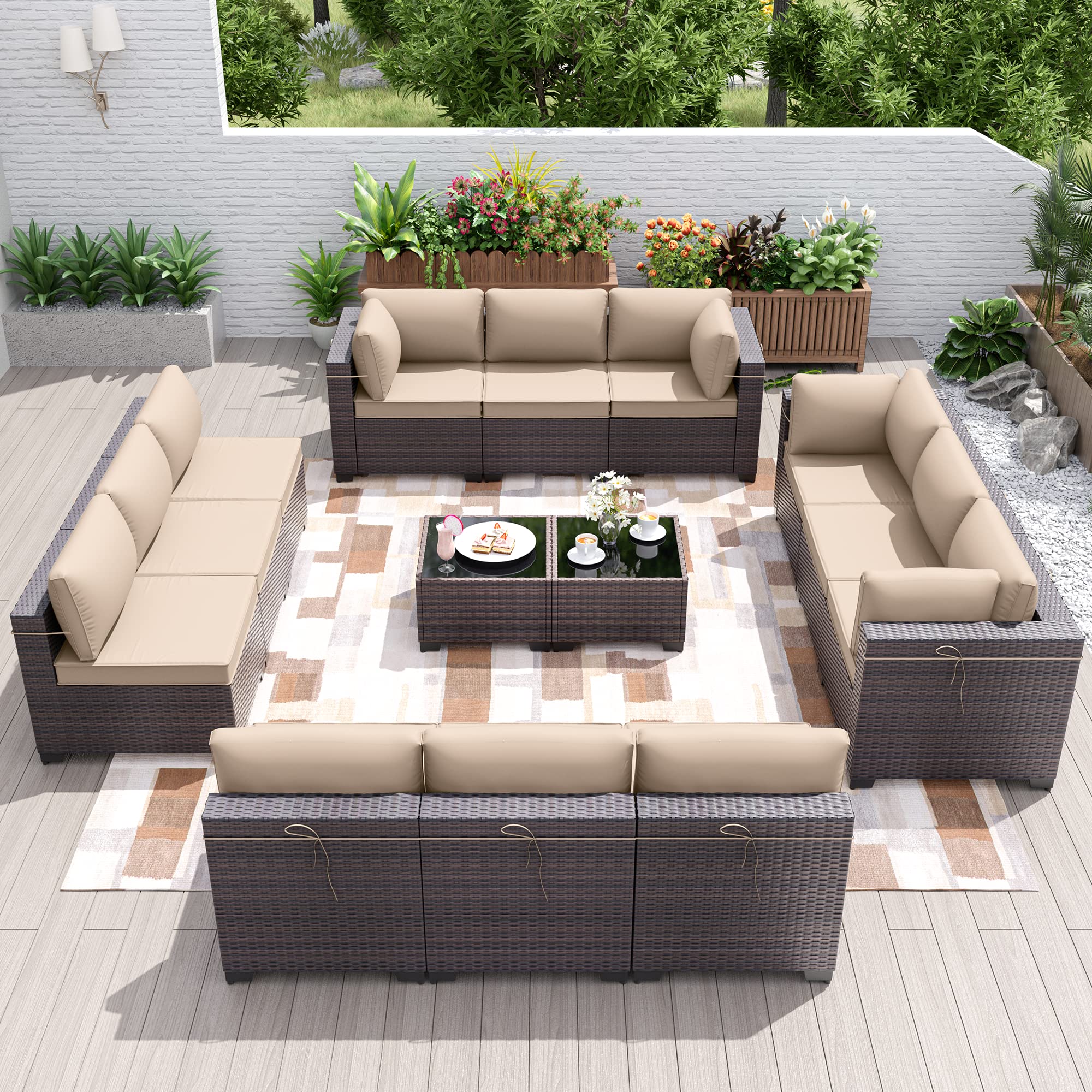 Patio Furniture Set 14-Pieces Outdoor Furniture for Backyard Wicker Sectional Sofa Set, Rattan Patio Conversation Set with Thickened Cushions and Glass Coffee Table, Sand