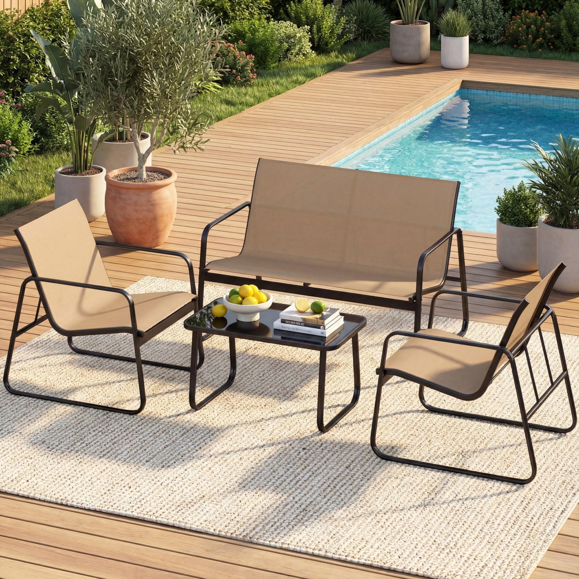 GIANTEX 4-częściowy zestaw mebli ogrodowych, 1 sofa 2-osobowa, 2 krzesła, 1 stół ze szkła hartowanego, stabilna metalowa rama, zestaw mebli ogrodowych na patio, ogród, podwórko (brązowy)