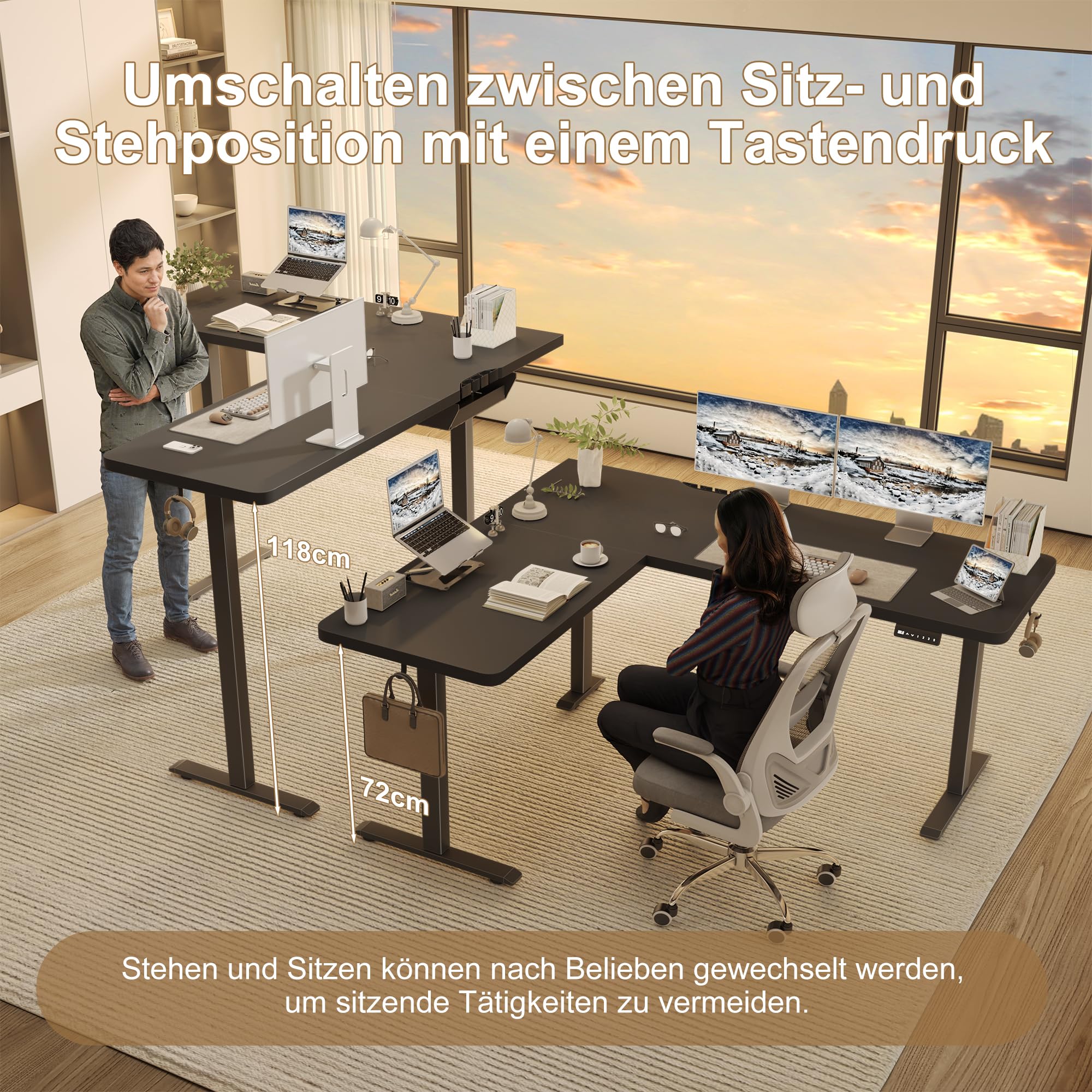 TRIUMPHKEY L-förmig Höhenverstellbarer Schreibtisch Elektrisch mit 3 Memory-Steuerung, 160 x 140cm Eckschreibtisch mit Kabelmanagement und Haken, Ergonomischer Computertisch Schwarz