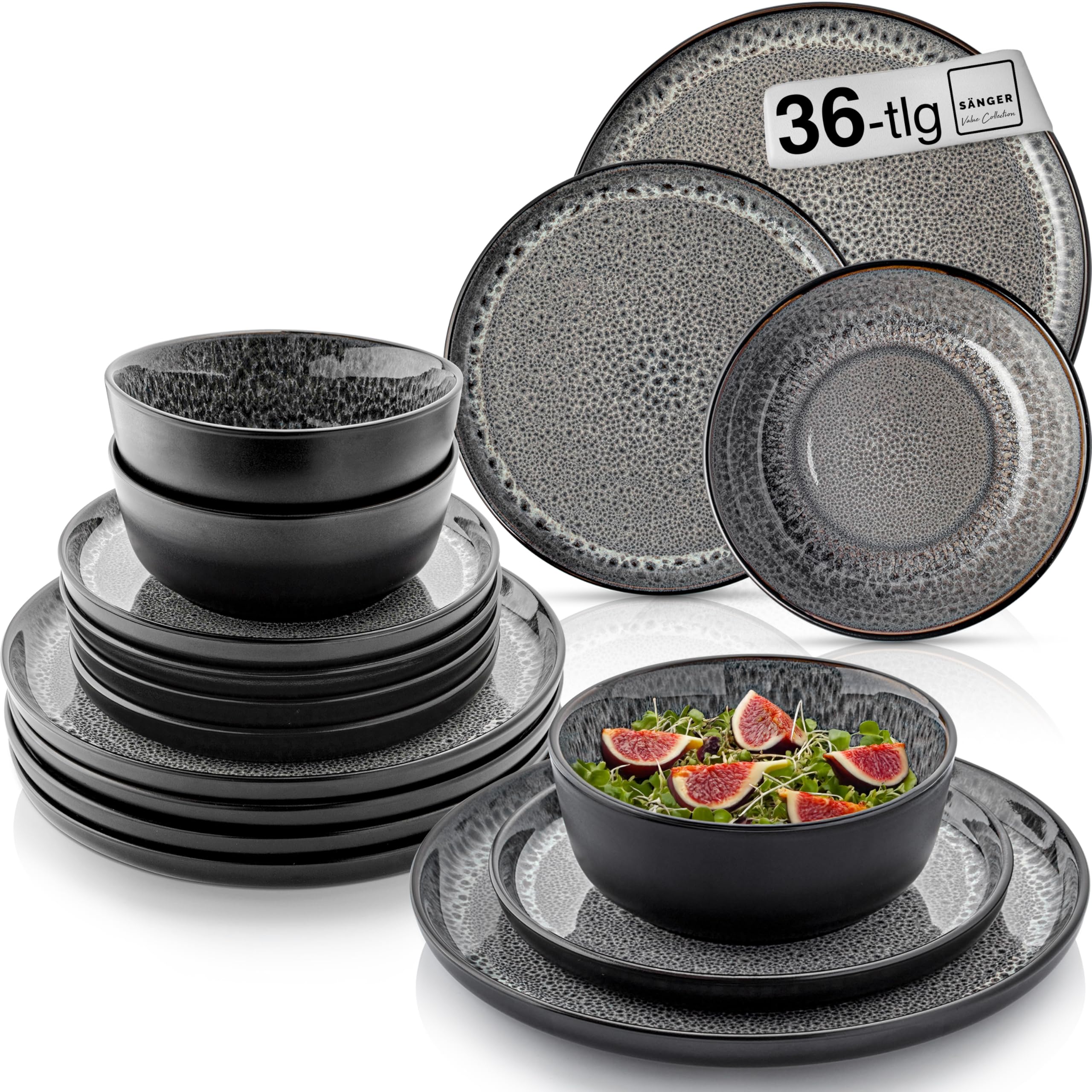 SÄNGER Sydney |Steingut Geschirr Set 36 tlg, Teller Set 12 Personen, Geschirrset 12x Speiseteller 12x Müslischalen 12x Dessertteller, Tafelservice dunkel grau kratzfest Essgeschirr | VALUE COLLECTION