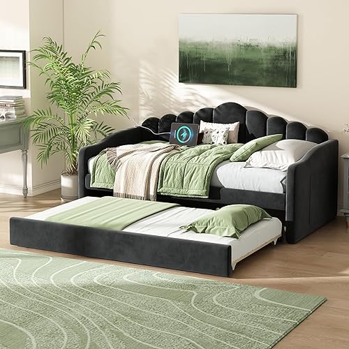 LUMISOL Twin Size Upholstered Daybed with Trundle, Black Velvet Sofa Bed with Curved Headboard, USB Charging Ports, Arm Storage Pockets, No Box Spring Needed, Black