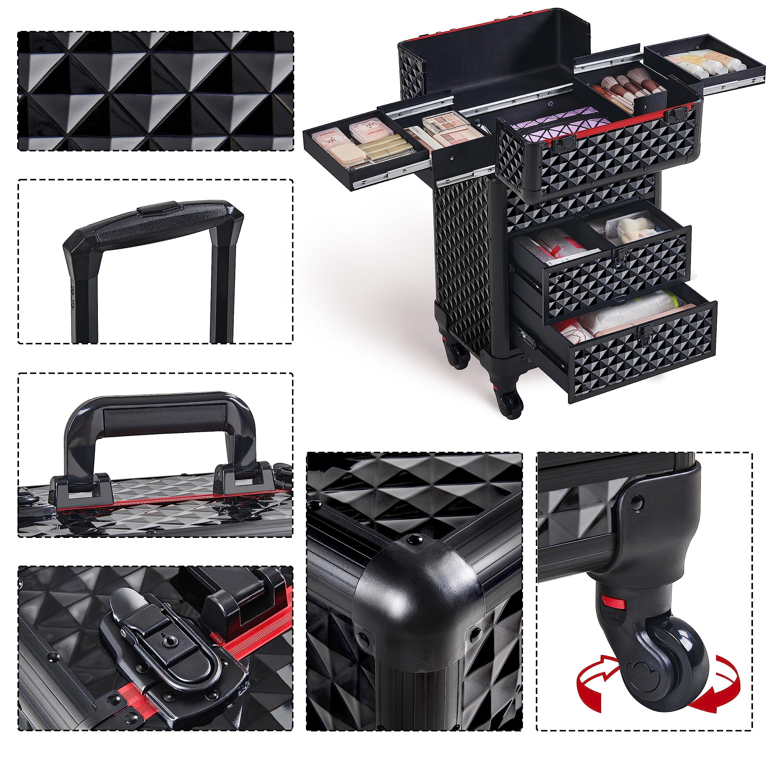 Yaheetech Walizka na kosmetyki 3 w 1 z 2 szufladami, walizka na kosmetyki z obracanymi kółkami o 360°, walizka na kosmetyki do podróży, 34,5 x 24,5 x 58 cm, czarna, czarny