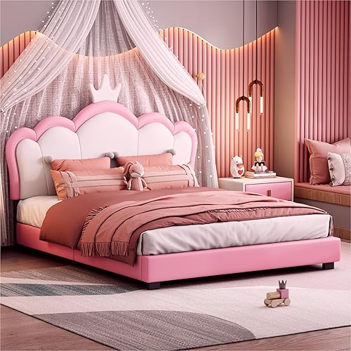 Miniatura 1 de Preciosa cama de princesa tapizada de tamaño matrimonial con cabecero de corona, listones de madera, cama de plataforma de piel sintética rosa para