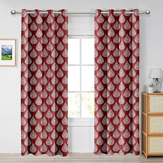 Cortina Polyester 150GSM - Long Crushed Emboss Floral Printed Light-Filtering (60-70% Room Darkening) Curtains for Bedroom, Office, Living Room & Hallway (Pack of 2,) (Maroon, 9FT)