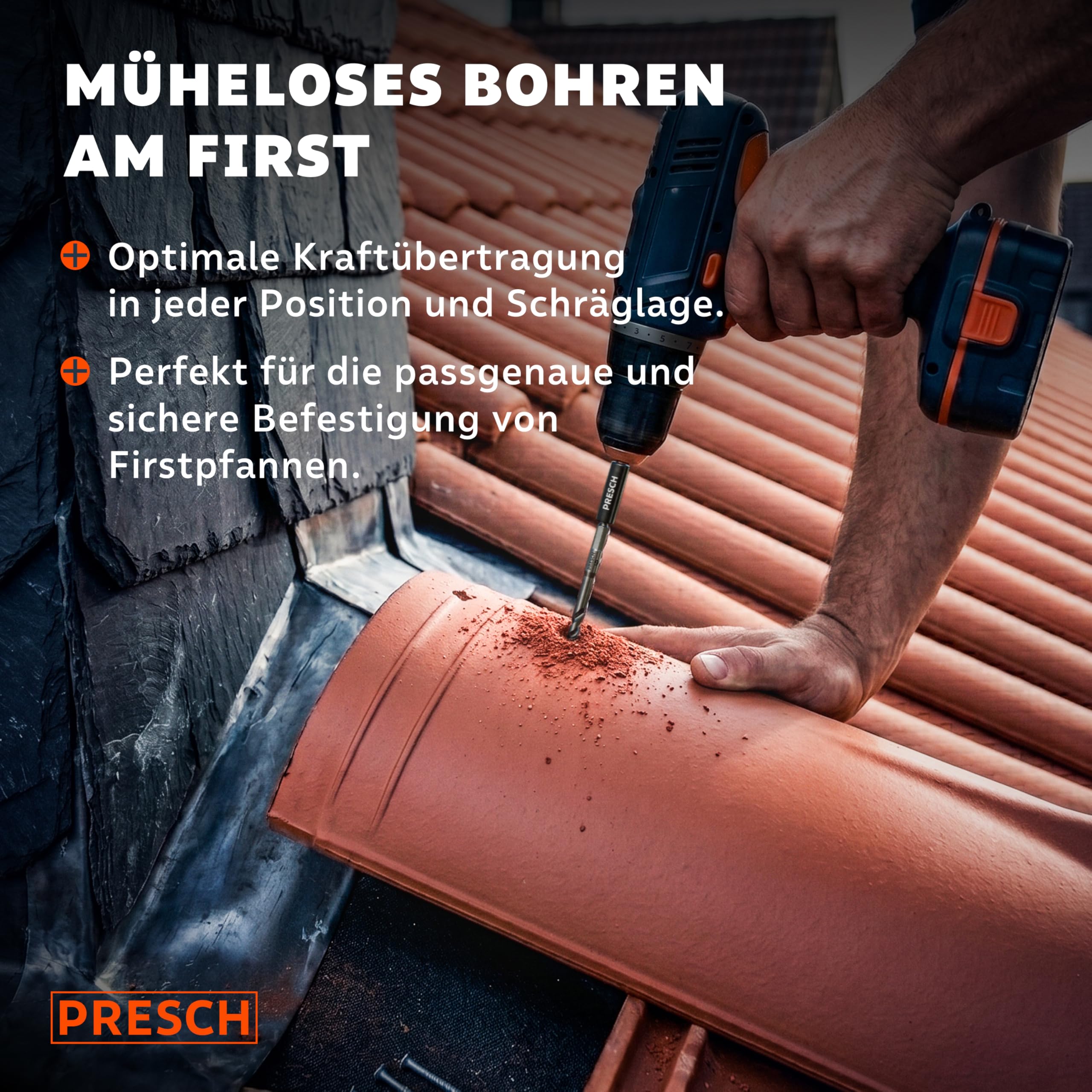 PRESCH Dachziegelbohrer 5mm (10 Stk.) – Rissfreie Bohrungen in härtesten Dachpfannen - Dachpfannenbohrer mit Sechskantschaft & Hartmetallspitze – Extrem robuste Fliesenbohrer, Steinbohrer etc.