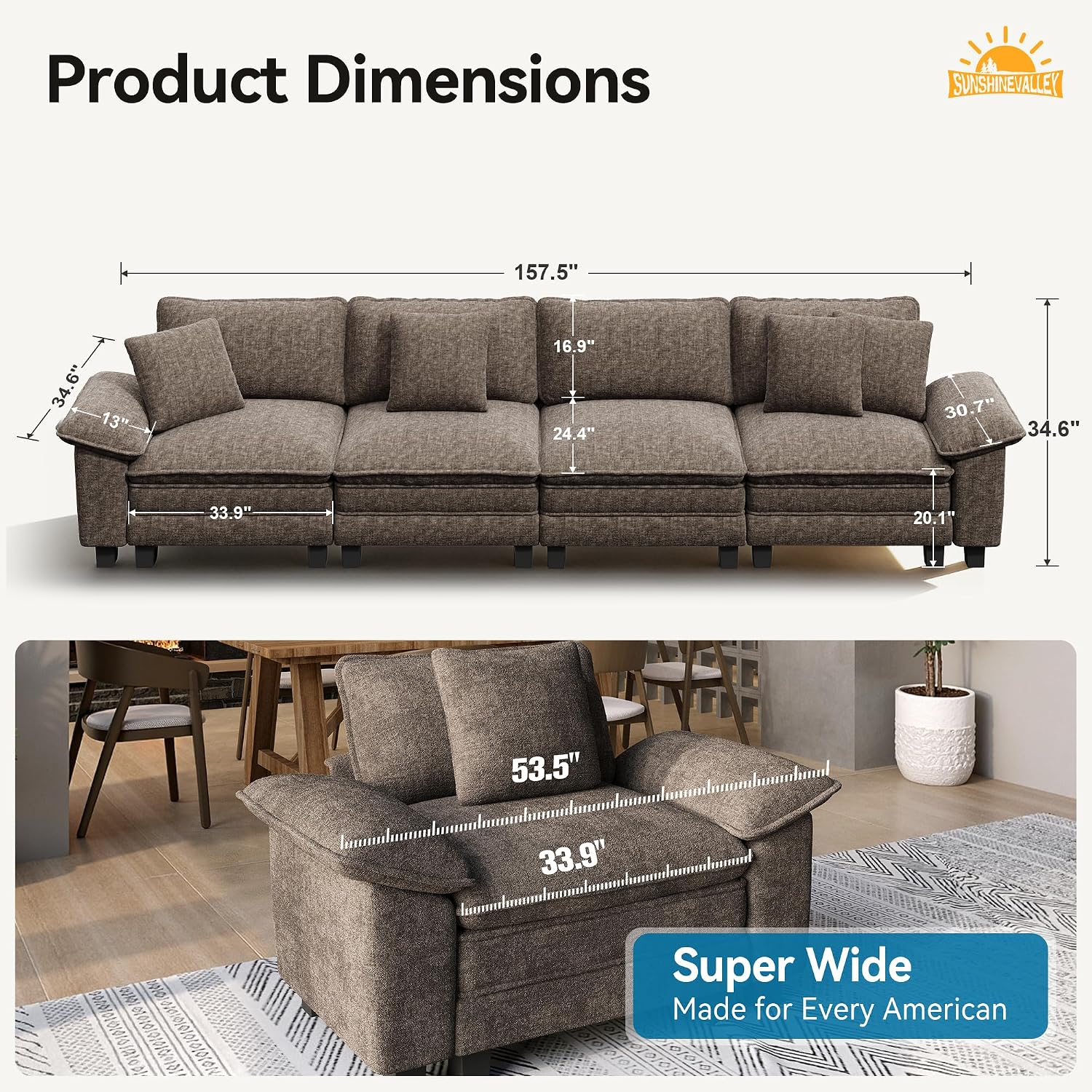 SUNSHINE VALLEY 4 Seat Modular Sofa, 157.5'' Oversized Modern Chenille Sectional Couch with Removable Armrest and Pillow, Upholstered Cloud Deep Seat Sofa for Living Room, Taupe Gray