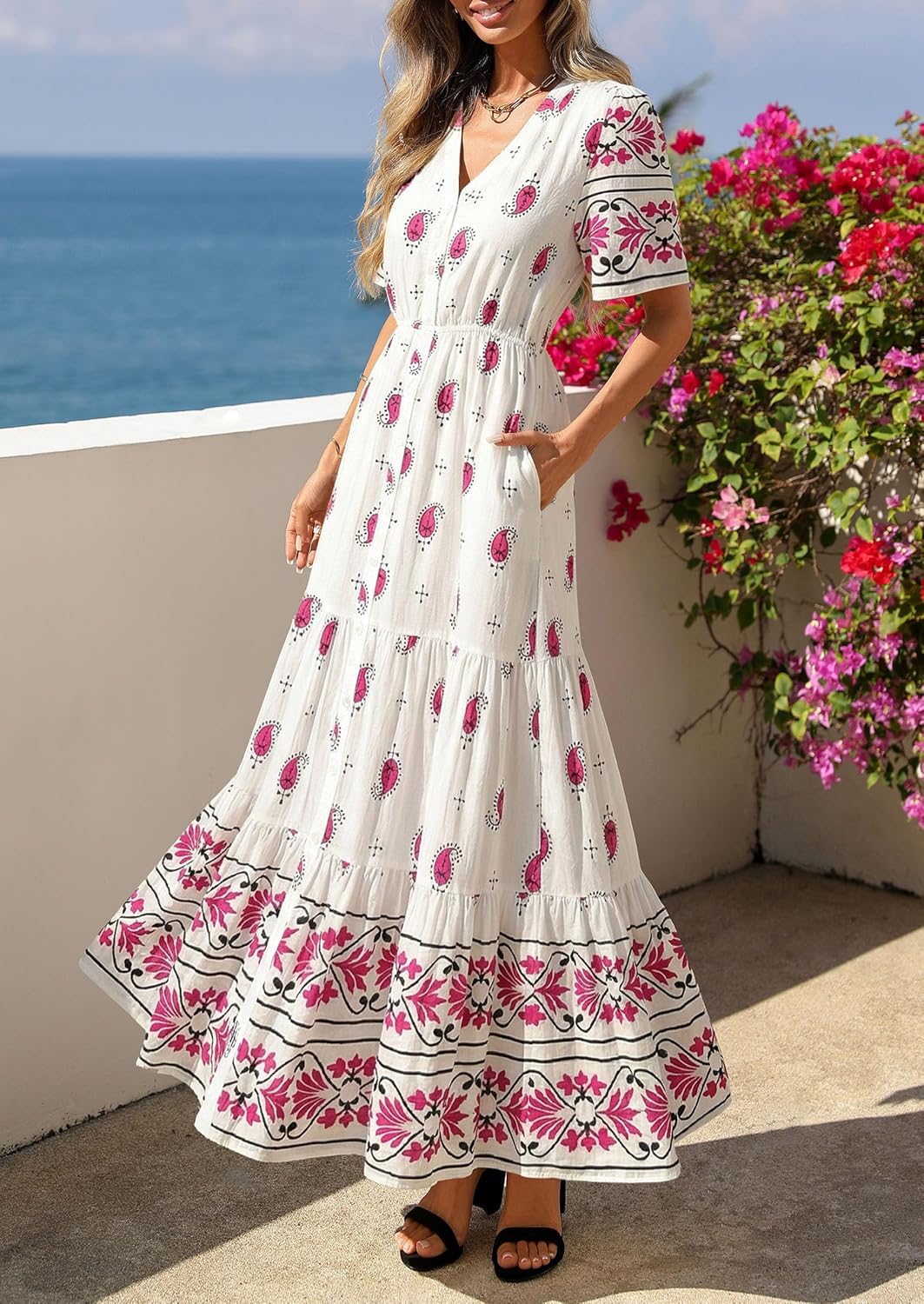 PRETTYGARDEN Womens Summer Boho Maxi Dress 2026 Trendy Short Sleeve V Neck Flowy Beach Floral Dresses with Pockets - Image 6