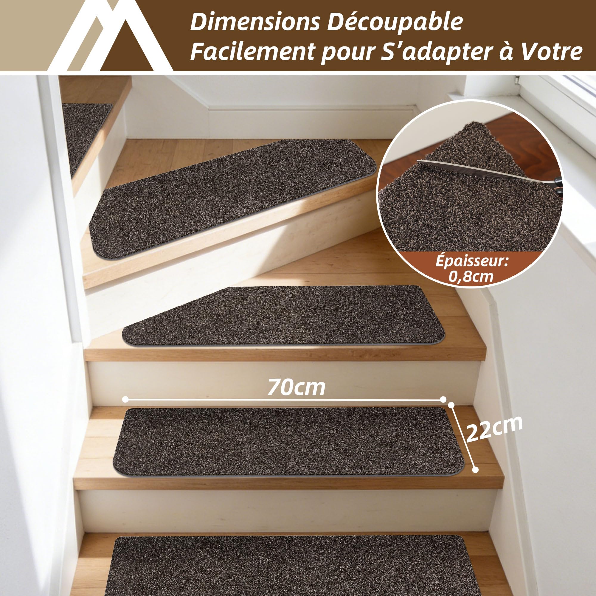 COSY HOMEER Lot de 15 tapis d'escalier, autocollants, 70 x 22 cm, découpables, lavables en machine, 100 % polyester, dos en TPE, sécurité pour enfants, personnes âgées et animaux domestiques, marron