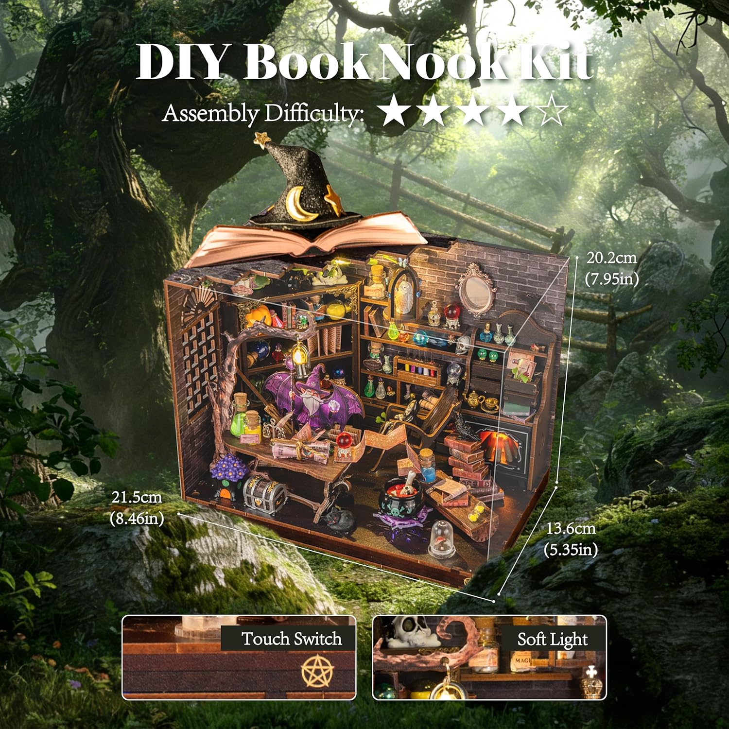 Book Nook Kit for Adults - Dollhouse with 70+ Accessories & LED, DIY Miniature House Craft Set, Bookshelf Decor or Gift Idea(Jungle Magic House)