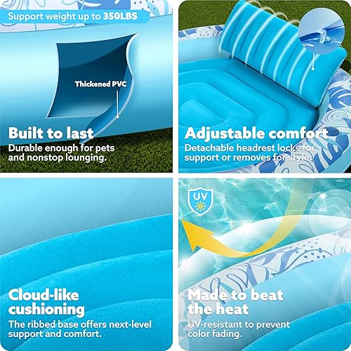 Miniatura 5 de SLOOSH Flotador inflable para tumbona para piscina, 72 x 65 pulgadas, flotadores de piscina para adultos con almohada, tela de lujo, flotador grande