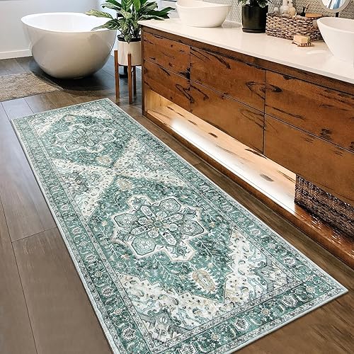 Miniatura 6 de Anidaroel Alfombra oriental lavable  Alfombra de entrada de 3 x 5 pies, alfombra verde para dormitorio, antideslizante, de pelo bajo, alfombra de