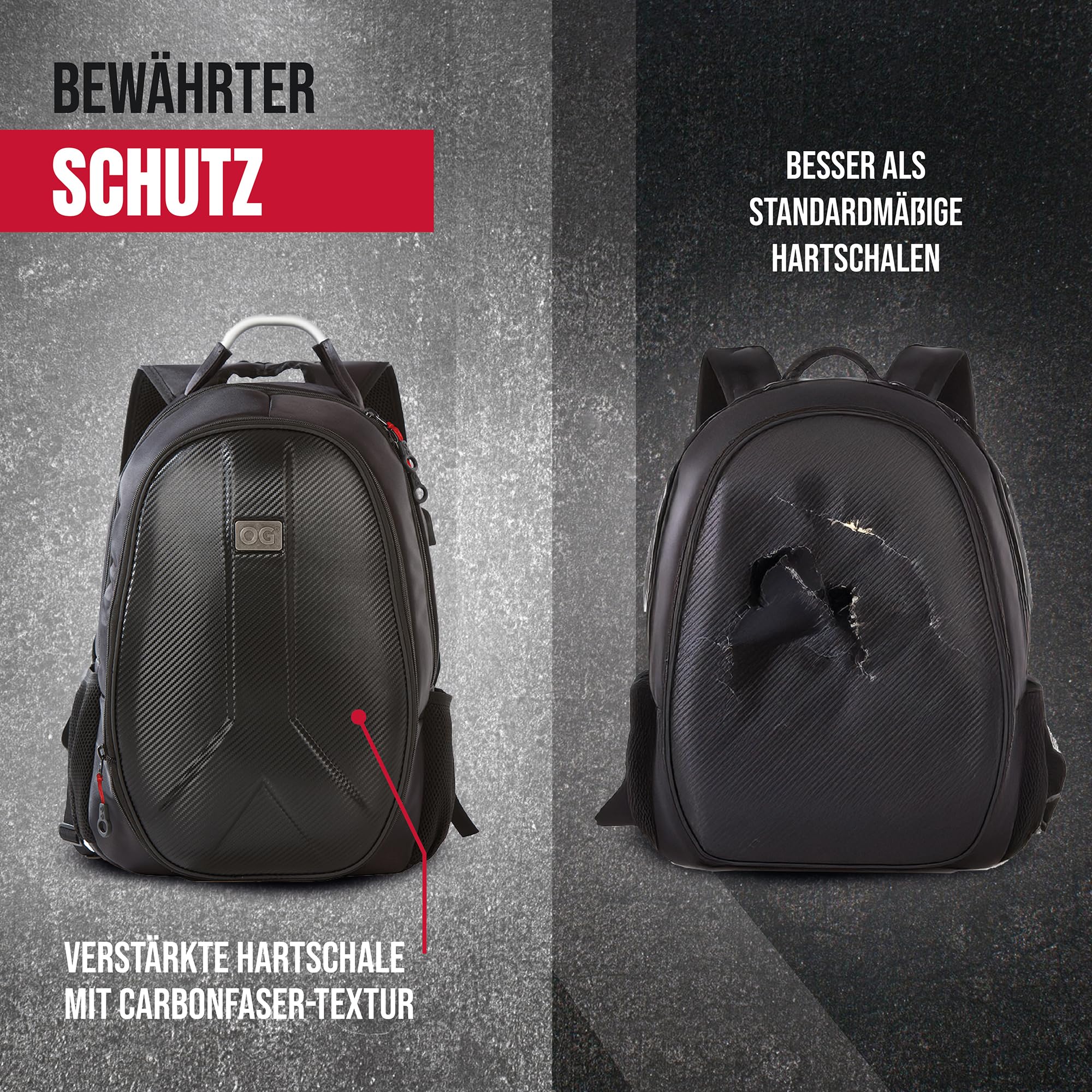 OG Original GetAway Motorrad Rucksack Wasserdicht, Herren, Hartschale, Grosse Kapazität, Erweiterbar 35L/45L, Motorradhelm Tasche, Helmtrageriemen, Anti-Diebstahl, Reflektierend, Laptop