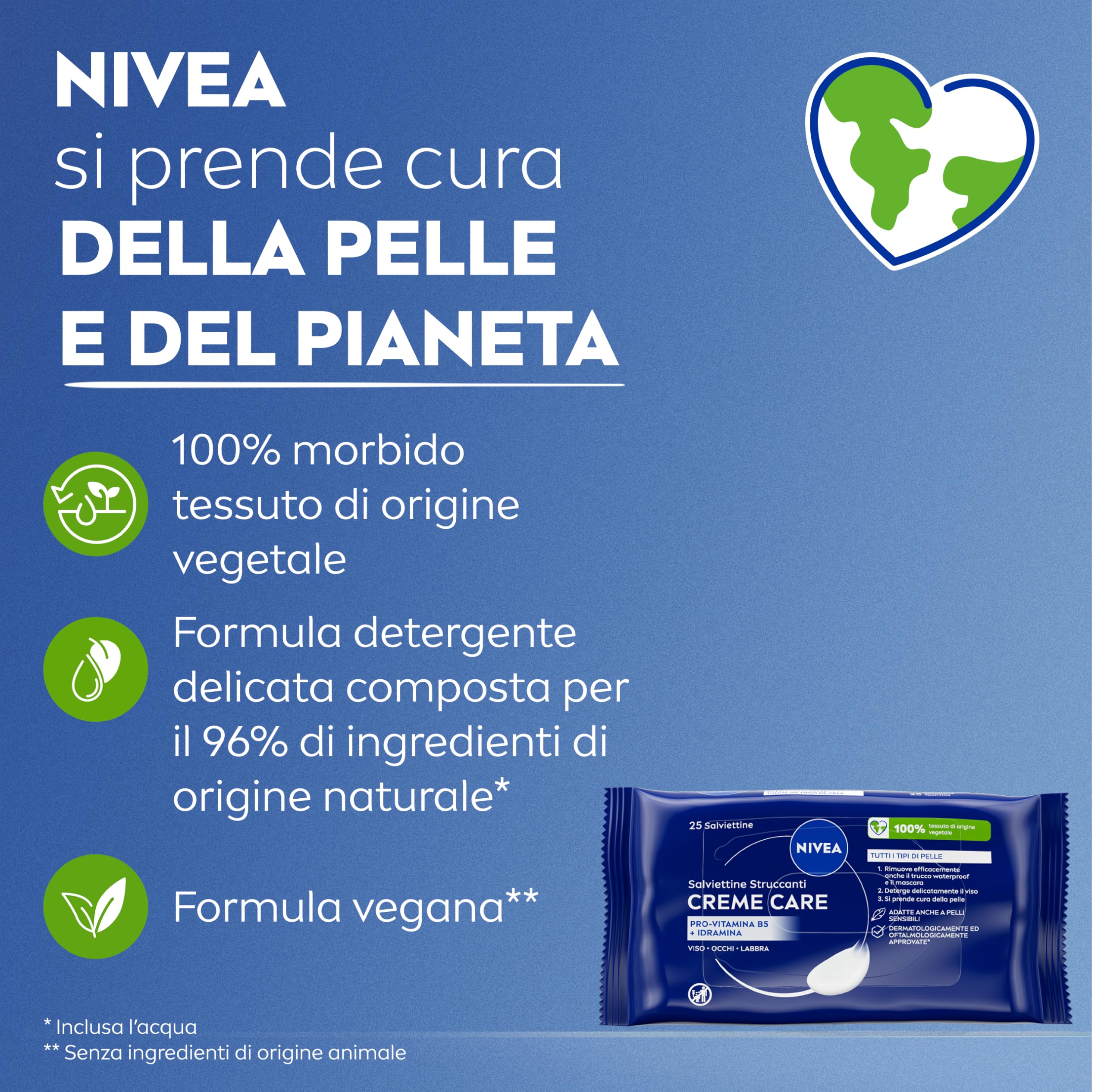 NIVEA Salviettine Struccanti Creme Care 25 Pezzi, Struccante viso e occhi e labbra per trucco waterproof, Con Pro-Vitamina B5 e Idramina, Detergente viso nutriente per tutti i tipi di pelle