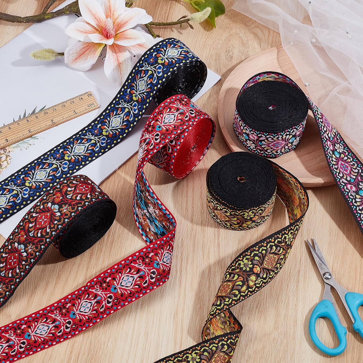 5Pcs 5 Yards 1.57 Inch Jacquard Ribbons, Multicolor Boho Jacquard Embroidered Band, Fabric Trimming for DIY Craft Accessories Embellishment Decorations