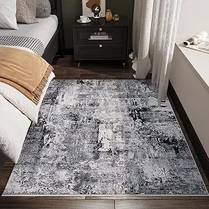 3x5 Rug Washable Boho Rug Soft Area Rug Abstract Pattern Non-Slip Non-Shedding Faux Wool Vintage Rug for Bedside, Bedroom Rug, Kitchen, Floor, Indoor, Laundry, Grey and Black