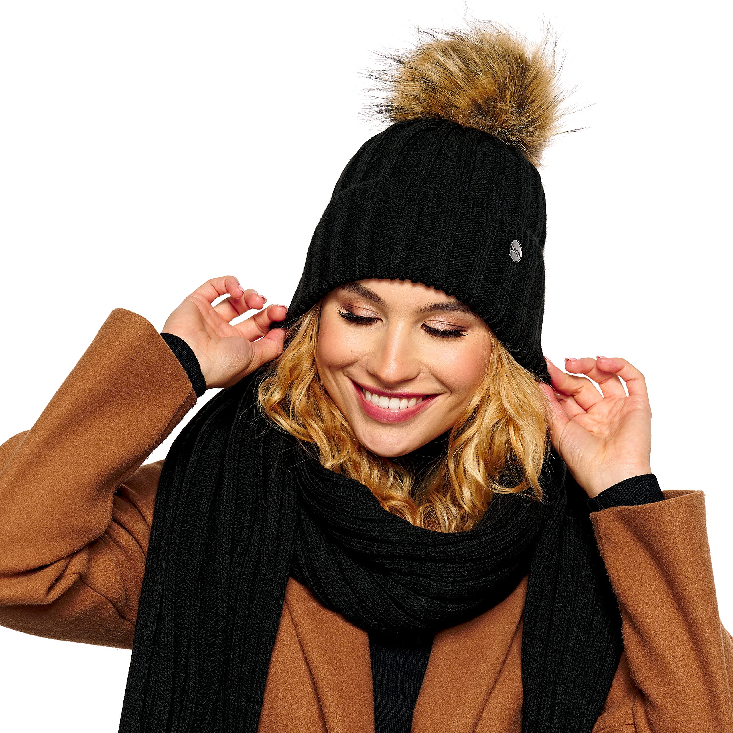 ELIMELI Gorro de cachemira para mujer, de invierno, cálido, gorro de lana con cachemira, gorro de invierno con pompón de piel sintética, gorro de punto para mujer, para invierno, gorro de pompón,