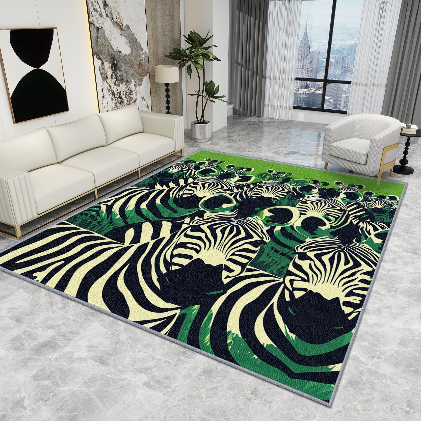 Zebra Rugs for Living Room - Zebra Rug - Wild Animal Green Rugs, Wild Animal Green Carpet, Washable Rug Non Slip Low Pile Soft Small Area Rugs, Zebra Home Decor Gifts, 50 X 80 cm