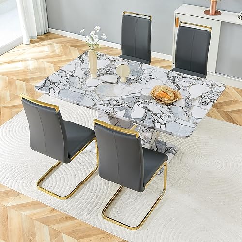 Miniatura 35 de JUFU Juego de mesa de comedor moderno para 6, juego de mesa de cocina de 63 pulgadas con mesa de mármol sintético y 4 sillas tapizadas de piel