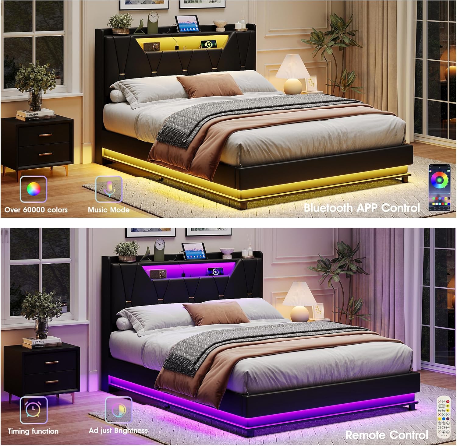 Vabches Queen Size Lift Up Storage Bed Frame, Storage Headboard, Charging Station, LED Lights Upholstered Platform Bed, No Box Spring Needed, Noise-Free, Black
