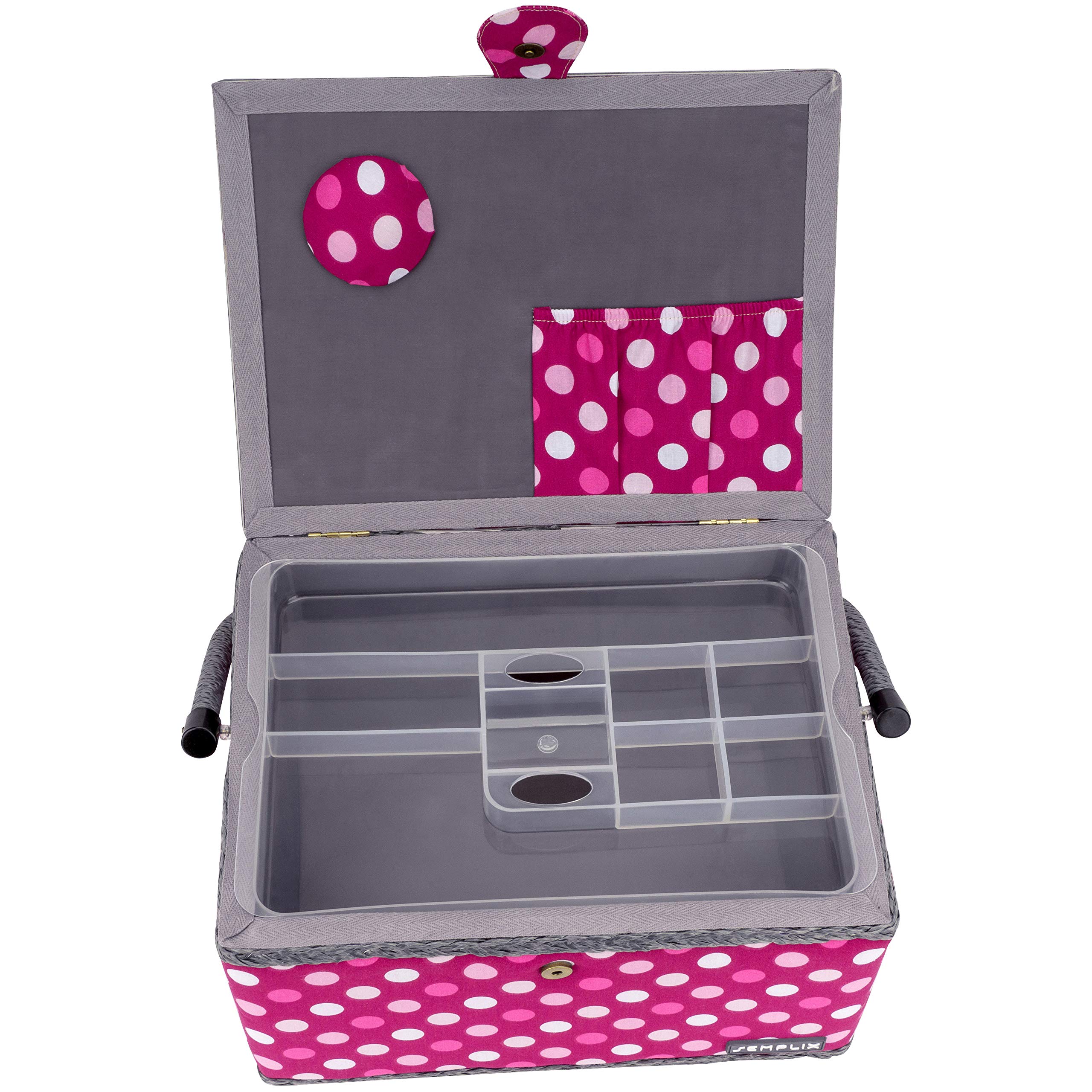 SEMPLIX Nähkorb Größe L gefüllt (30x22x19cm) - kompatibel mit Prym NähzubehörSet/Nähsortiment (im Lieferumfang enthalten) - Polka Dots Beere-rosa