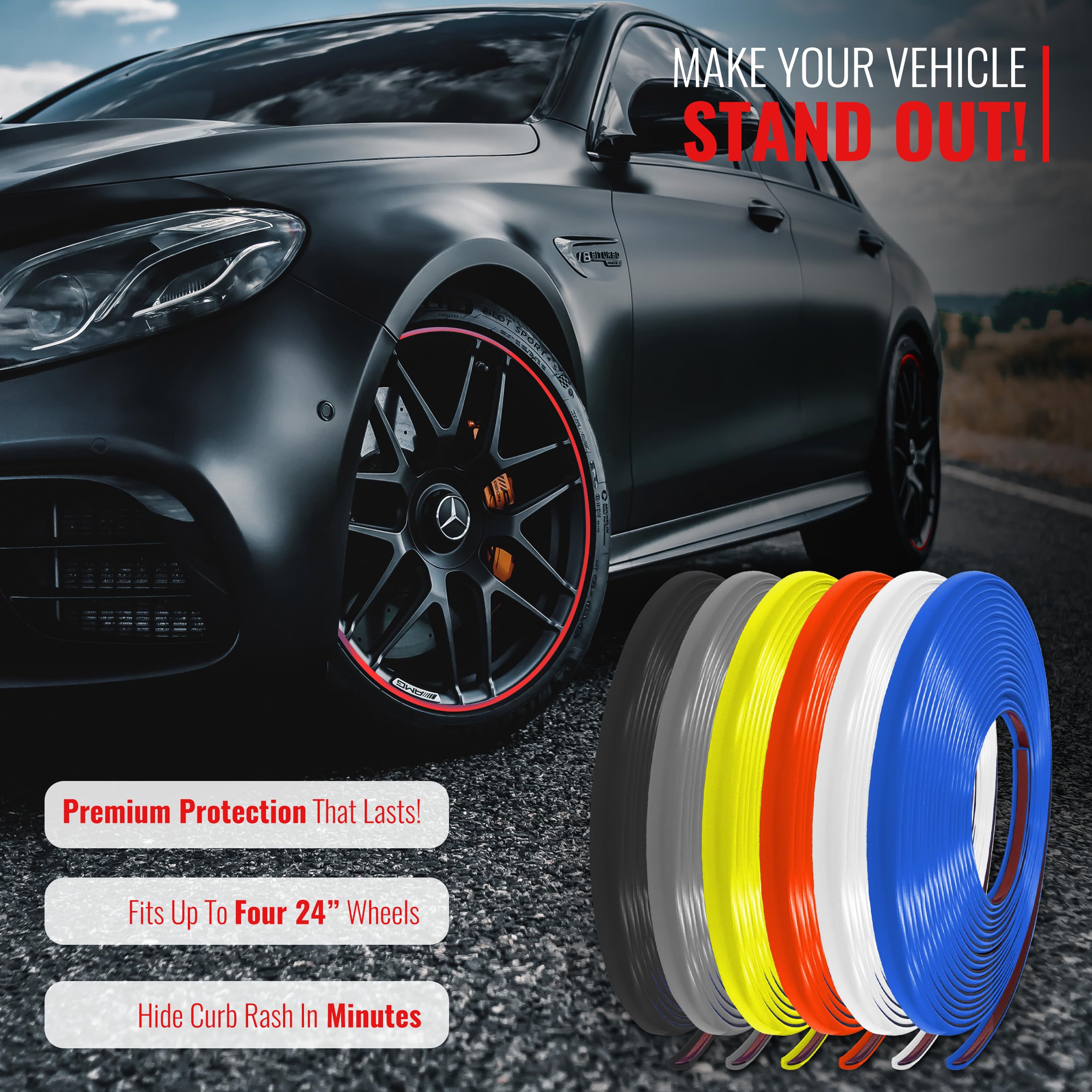 RIMiQ PROTECTiQ Universal Wheel Protection - 1/4" Trim Easy to Apply with Automotive 3M Tape. 6 Colors Made in USA - Fits Up to 24" Rims - Including Tesla - Red