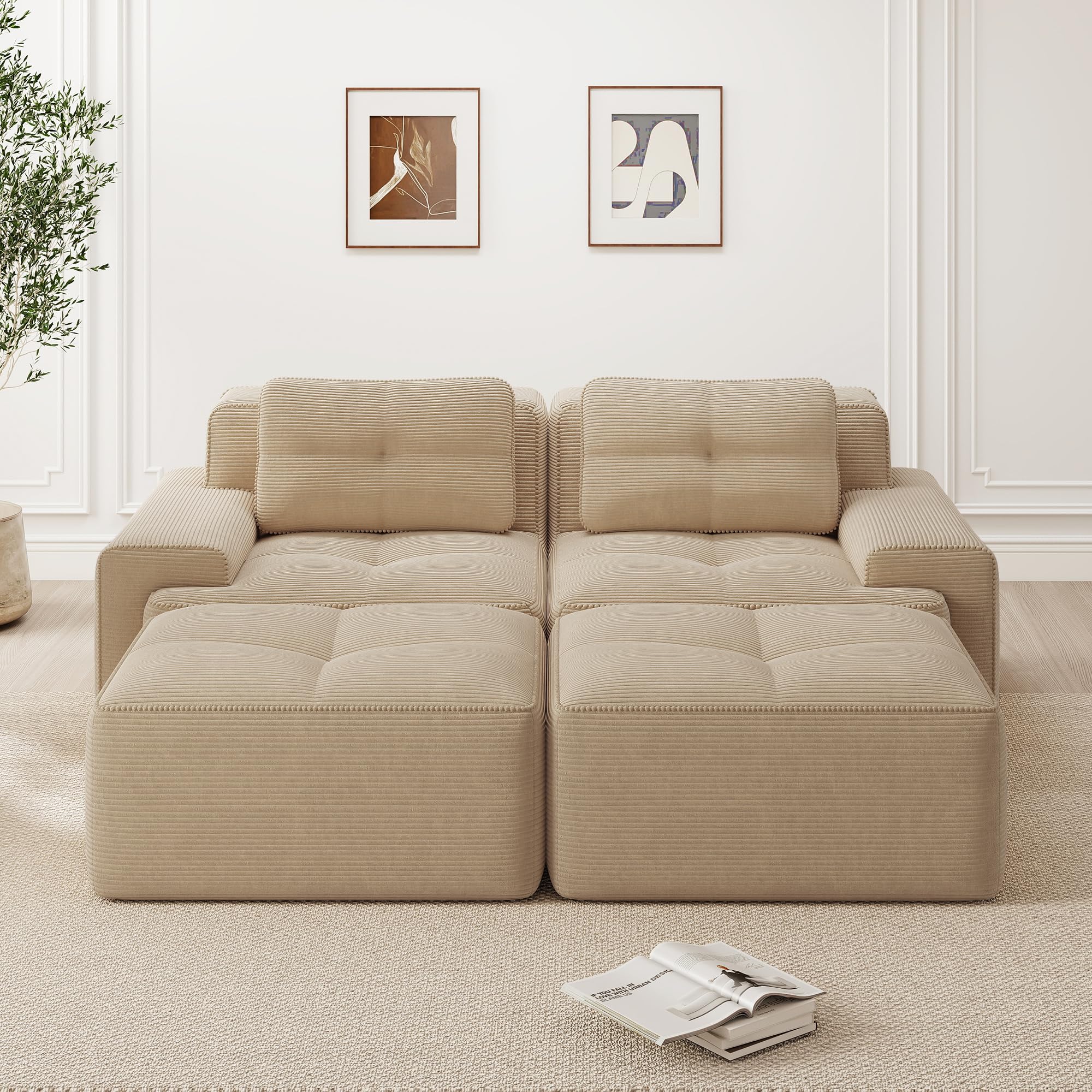Sofá Modular Comprimido 204 cm, Sofá de 2 plazas con 2 pufs y 2 cojines, Cómodo sofá deshuesado de pana, sofá esquina/sofá cama para salón