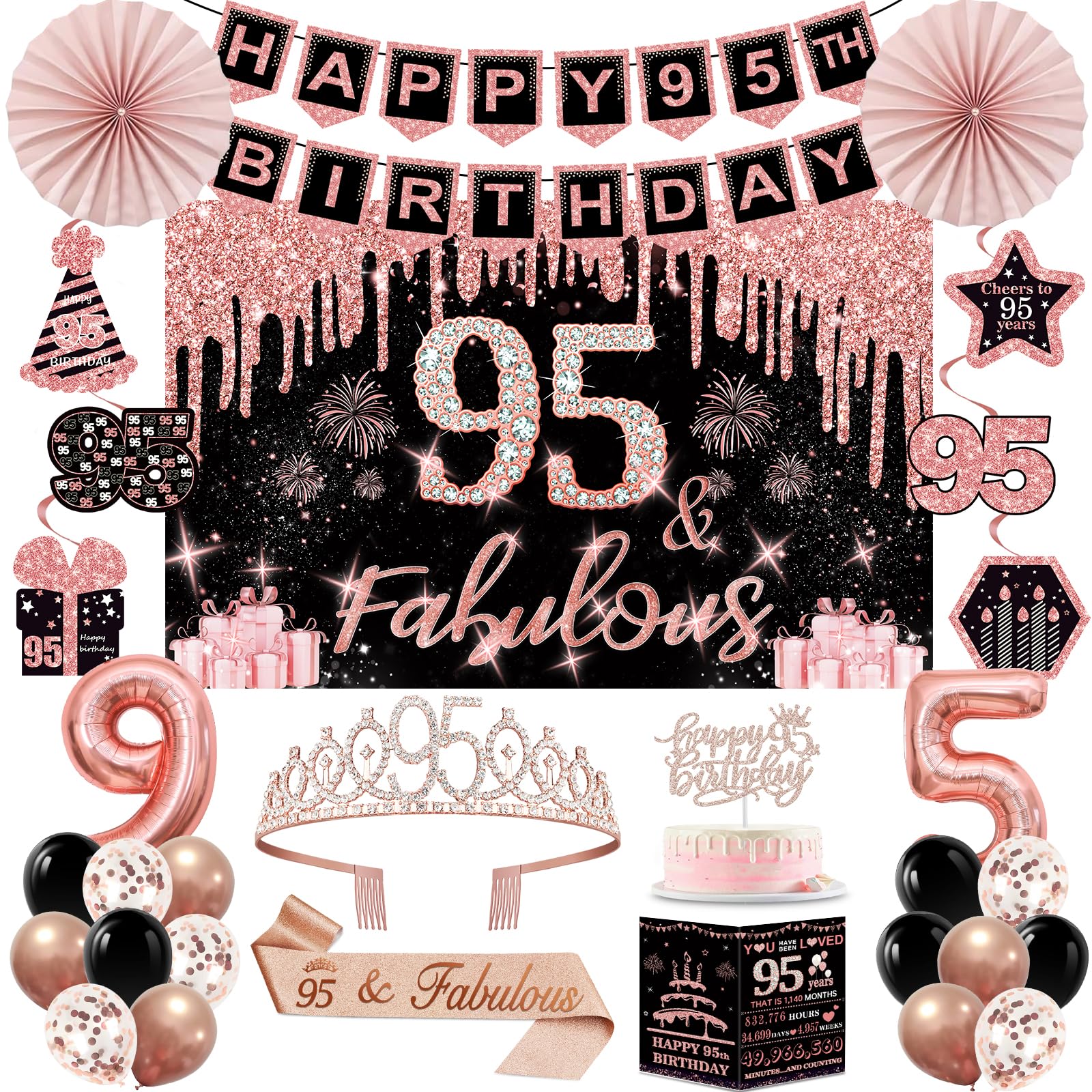 95th Birthday Decorations for Women, 32pcs 95th Birthday Party Decorations, Including Backdrop, Crown, Sash, Banner, Hanging Swirl, Cake Topper, Balloons, Anniversary Card, Paper Fans