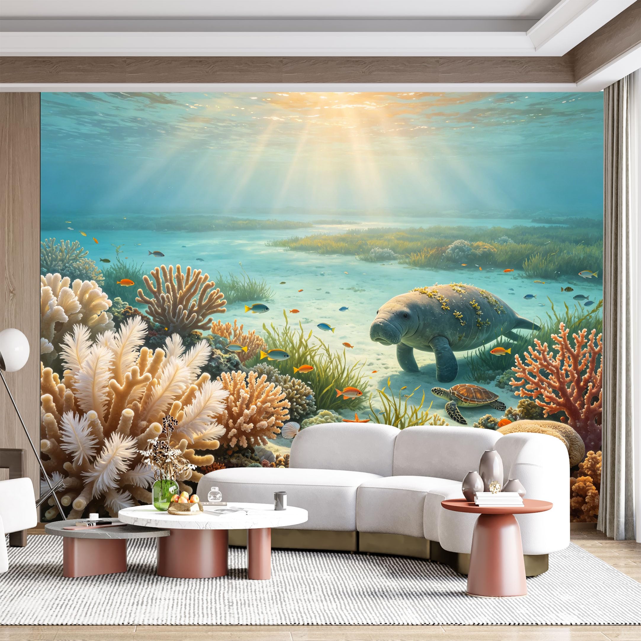Custom Size Wall Mural Underwater Ocean Coral Reef Seascape Marine Life Manatee Turtle Fish Sea Tropical Panorama SelfAdhesive Wall Fabric Removable for Home Office Decor