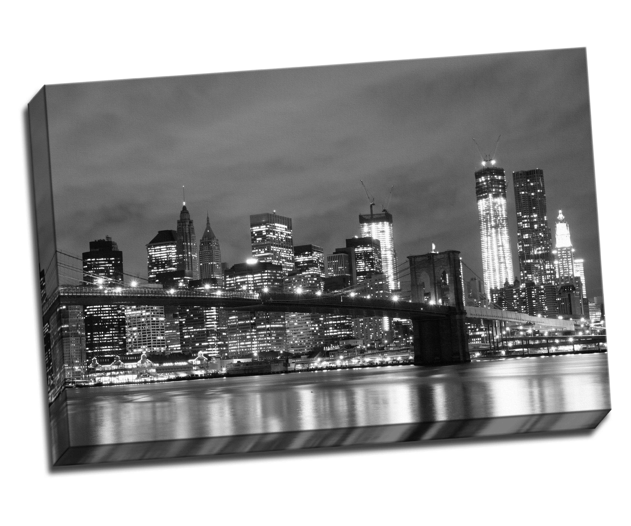 Panther Print White Black And Brooklyn Bridge And Manhattan Skyline At Night, New York City Canvas Art Print Poster 30"X 20" Inches