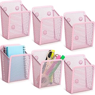 6 Pack Magnetic Pen Holder Metal Mesh Locker Organizer Writing Pencil Cup Holder Marker Basket Mesh Marker Holder Pink Mag...