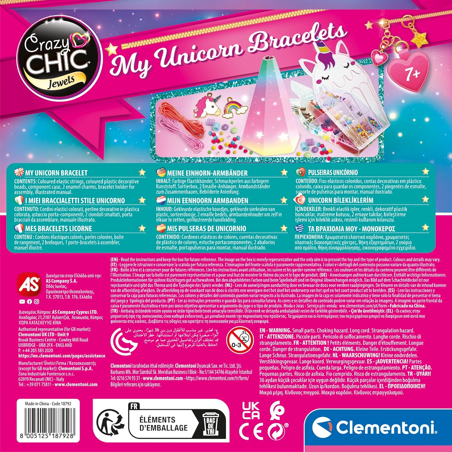 Clementoni - Crazy Chic-My Unicorn Bracelets-Kit Te, Making Set, 7 Years Play, Girls' Friendship Bracelets, Craft, Multicoloured, 18792