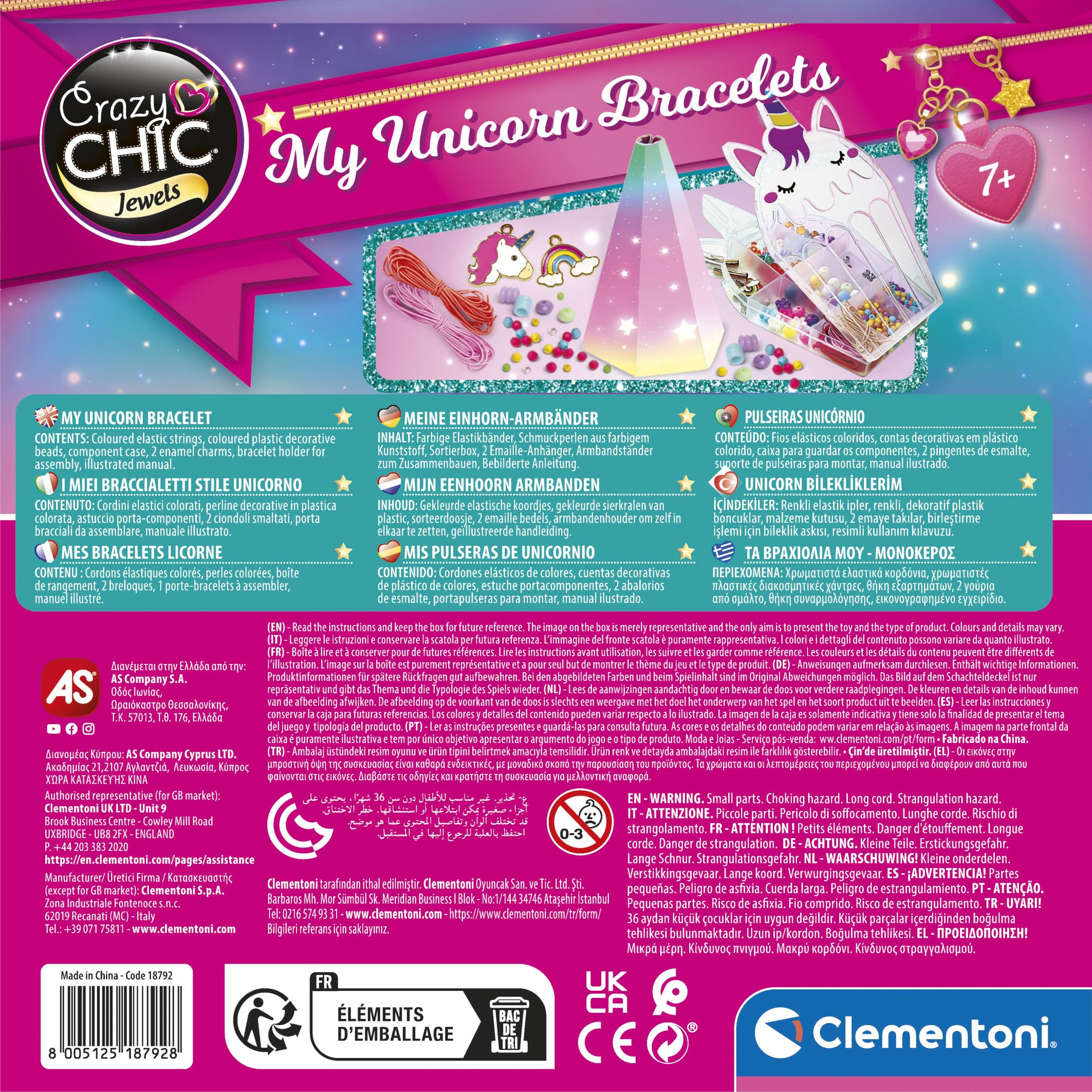 Clementoni Crazy Chic - My Unicorn Bracelets, Giochi Creativi per Bambini 7+ Anni, Kit Braccialetti Fai da Te Bambina, con Charm a Forma di Unicorno e Arcobaleno, Idea Regalo Creativo, 18792