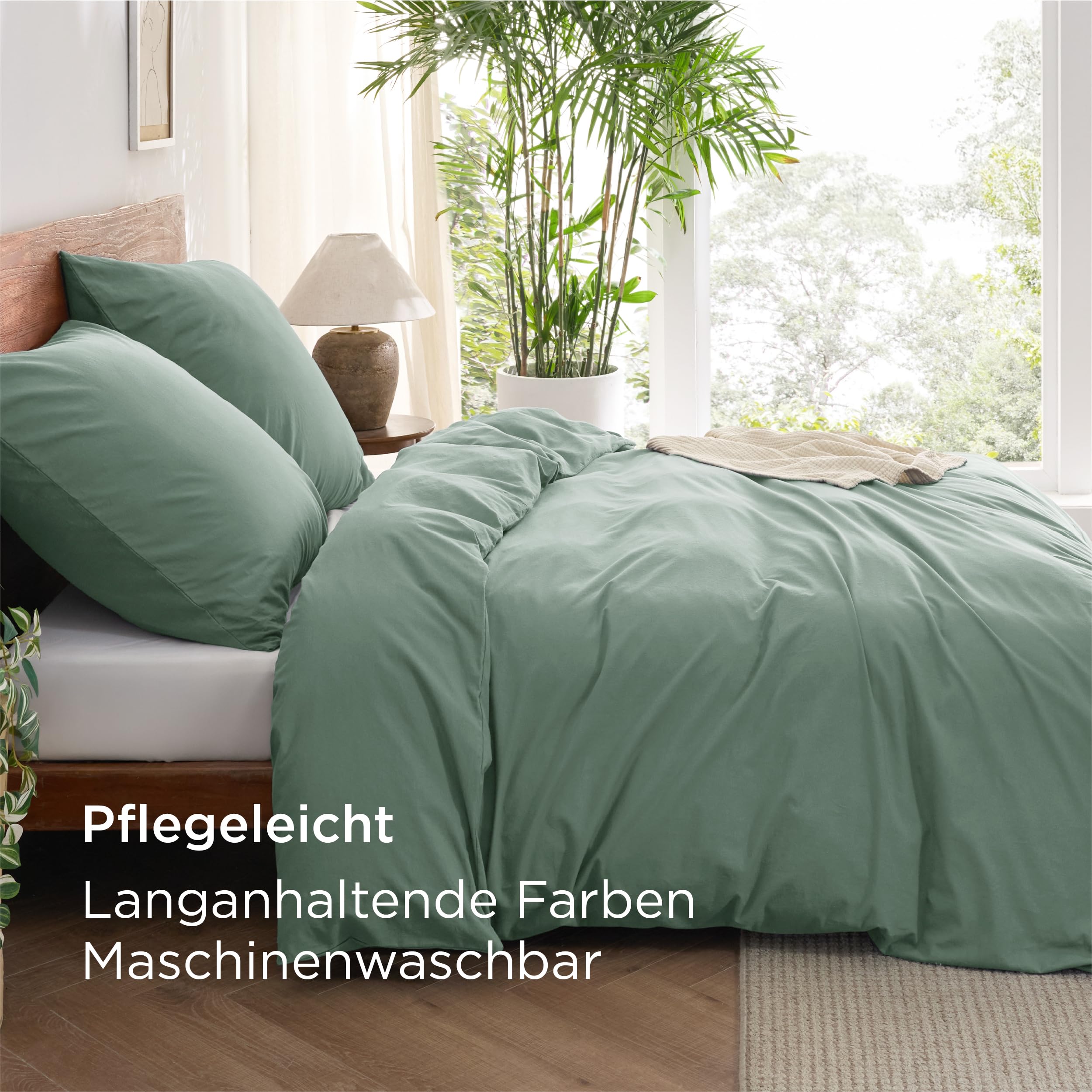 BEDSURE Bettwäsche 135x200 Baumwolle 4teilig - Bettwäsche-Sets Salbeigrün Bettbezug 2er Set mit 2 Kissenbezüge 80x80 cm, Ähnliche Textur wie Washed Leinen, Oeko-TEX Bedding Grün mit Reißverschluss