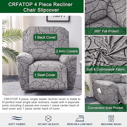 Miniatura 4 de CRFATOP Funda reclinable con estampado floral con bolsillos, funda reclinable individual, 4 piezas, funda para sillón reclinable con parte inferior