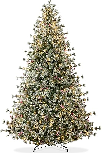 Best Choice Products Árbol de Navidad de pino de cachemira preiluminado de 9 pies, decoración navideña artificial semiflocada de alta calidad con