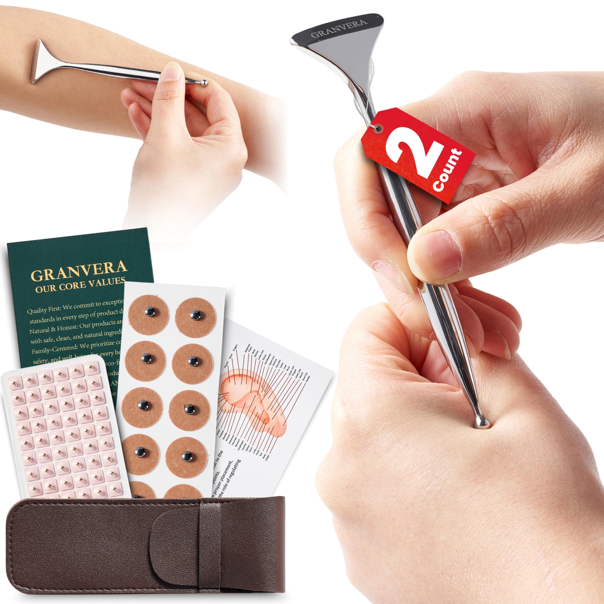 Premium 6 Packs Acupressure Pen Reflexology Fascia Release Tool Massage Acupuncture Therapy Stainless Steel Finger Scraper Stick Gua Sha Set Muscle Tmj Pain Relief Magnetic Beads seeds patches