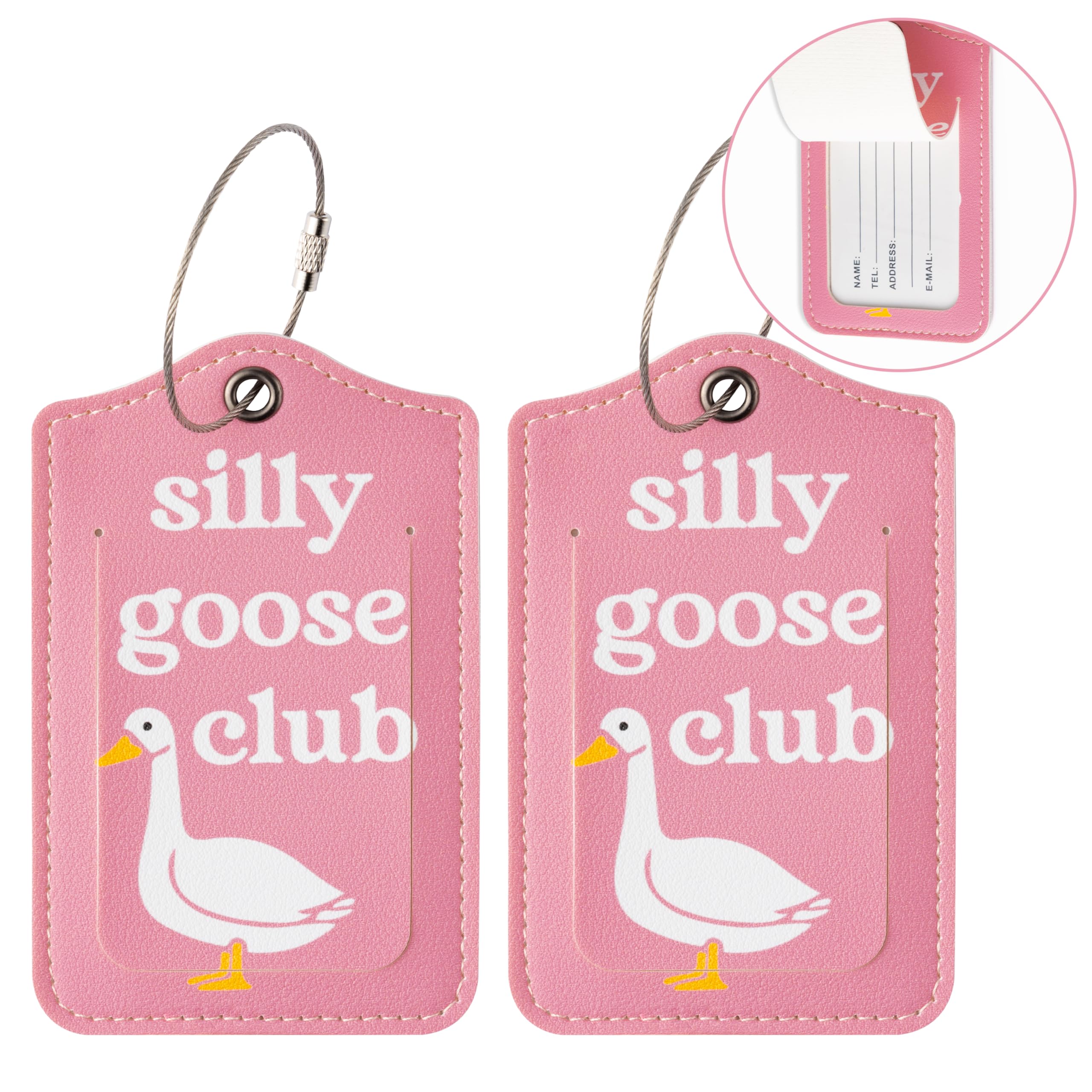 HT-Pink Goose Tags BHronony Silly Goose Etykiety bagażowe - 2 szt. Śmieszne Goose Club Bagaż Walizka, Śliczne skórzane identyfikatory z pętlą ze stali nierdzewnej i wizytówką (różowe)