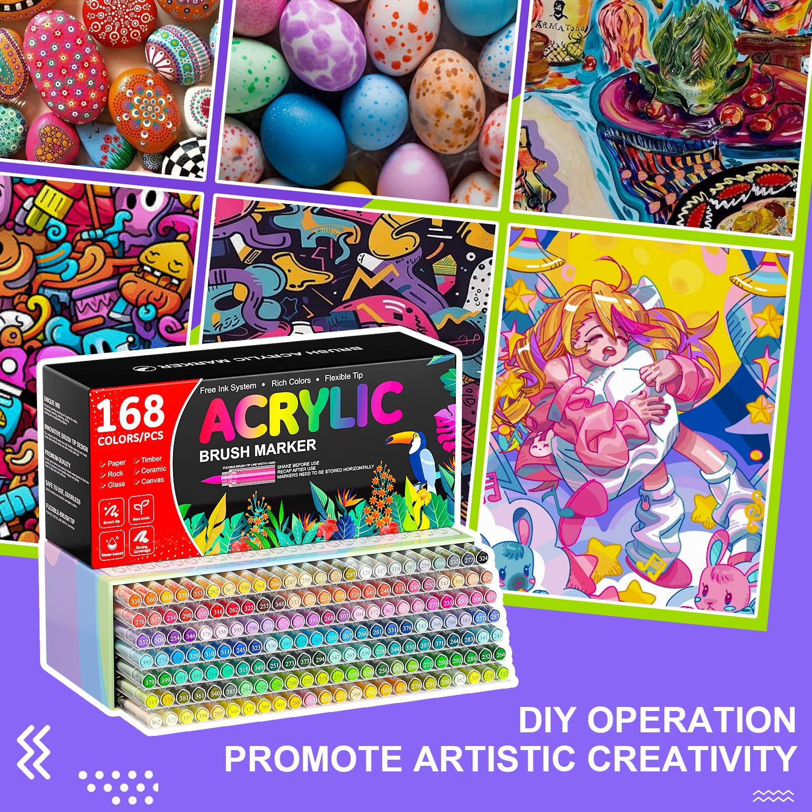168 Farben Acrylstifte für Steine, Acrylic Marker Set, Wasserbasierte Farbmarkerstifte mit 1-5 mm Pinselspitze für Stein, Glas, Keramik, Leinwand, Papier, Holz und Bastelbedarf für Künstler