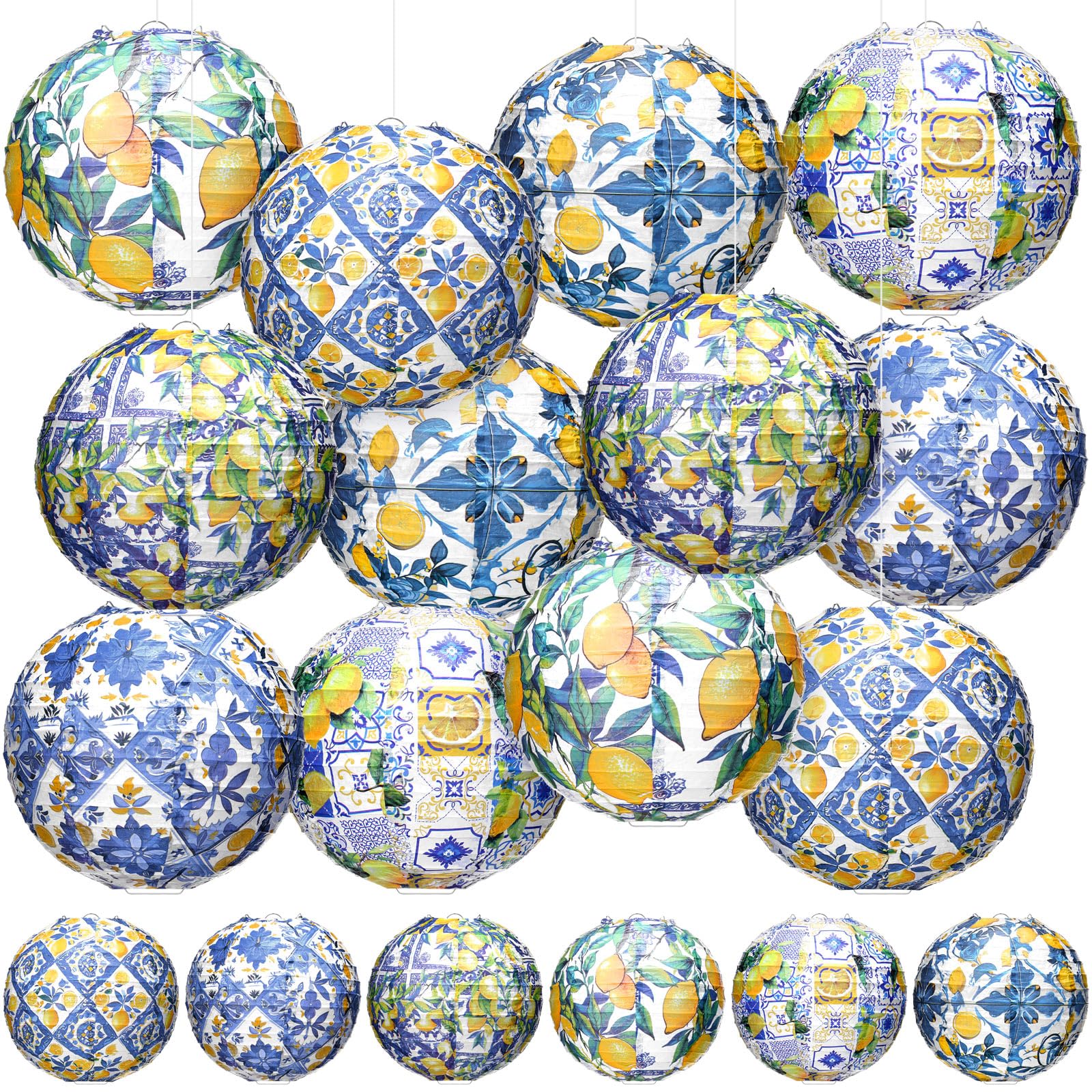 Rossesay 12 Pcs Capri Lemon Paper Lantern 8 Inch Blue Yellow Lemon Hanging Lantern Indoor Outdoor Lemon Birthday Party Decorations Decorative Round Lanterns for Tea Wedding Baby Shower Party Supplies