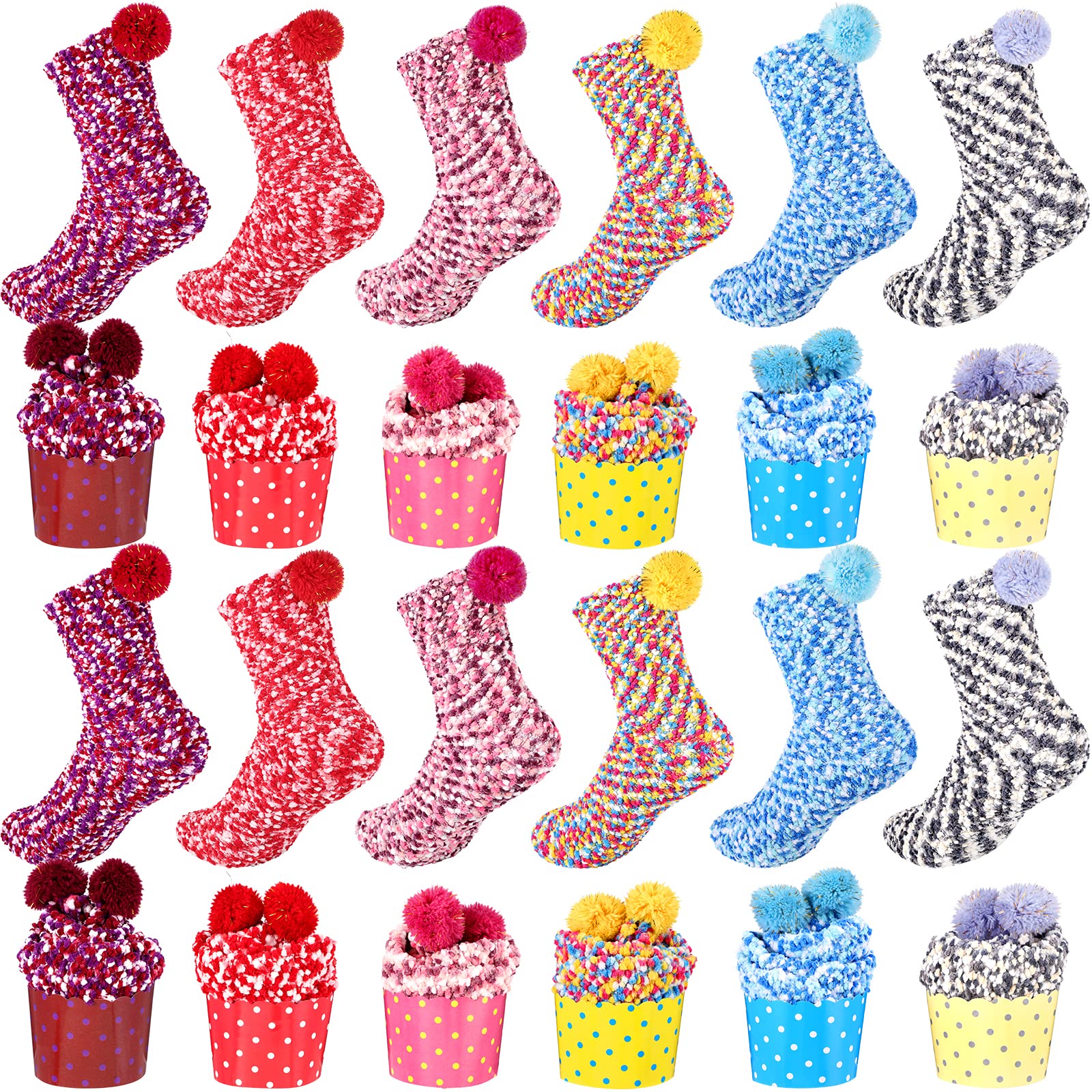 Haysandy 12 Paar flauschige Socken für Damen, Weihnachts-Cupcake-Socken, Strumpffüller für Damen, warme Hausschuh-Socken, dicke, weiche Plüschsocken für Valentinstag, Geschenke, Mädchen, Winter,