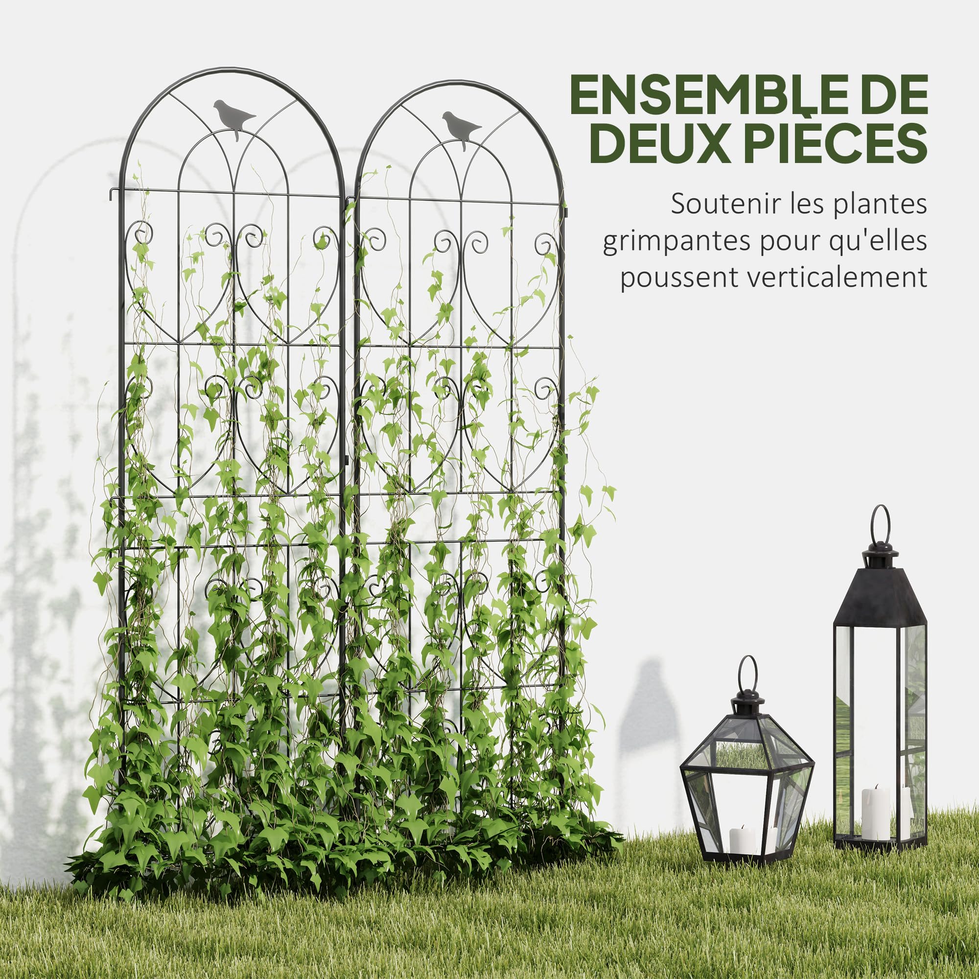 Outsunny Support pour Plantes Grimpantes avec Oiseaux, Lot de 2, Treillis de Jardin, pour Légumes, Vignes, Fleurs, en Métal, 50 x 180 cm, Noir