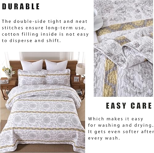 Miniatura 6 de Homzard Edredón tamaño Queen, 100% algodón, diseño floral, tamaño Queen, amarillo, gris, blanco, colcha de rayas verticales para cama tamaño Queen,