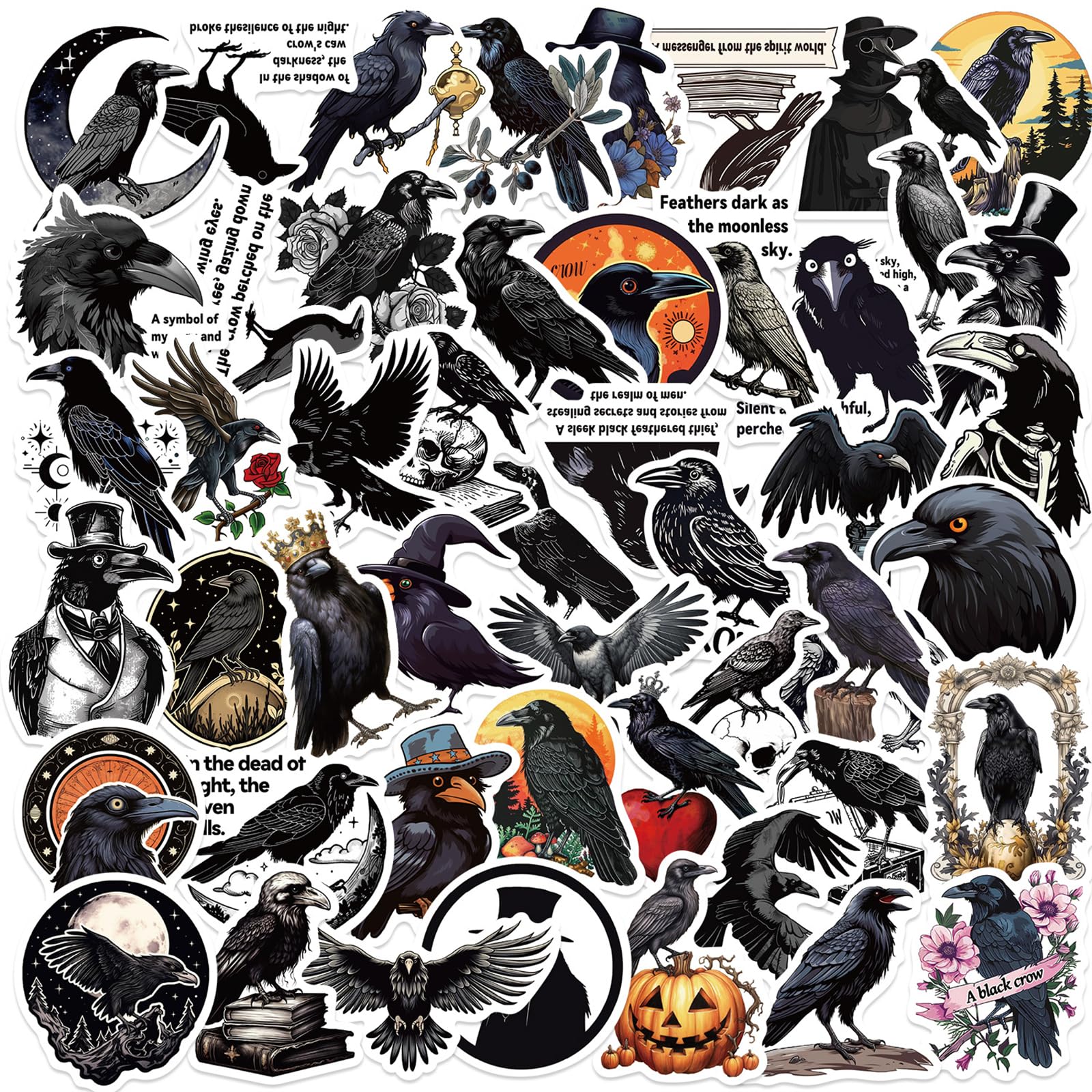 50pcs Crow Stickers Pack Black Crow Stickers for Laptop Water Bottle Travel Case Phone Skateboard - Vinyl Waterproof Dark Style Decor — image 1